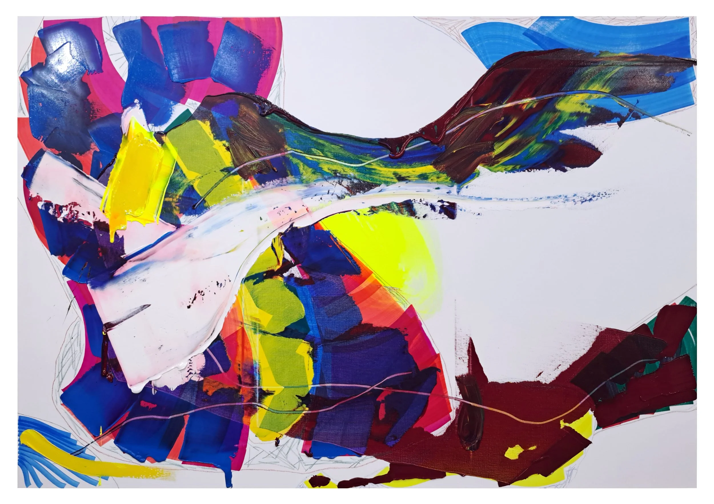 Une œuvre d'art abstraite composée de neuf panneaux noirs avec des formes géométriques blanches et des effets de frottement.