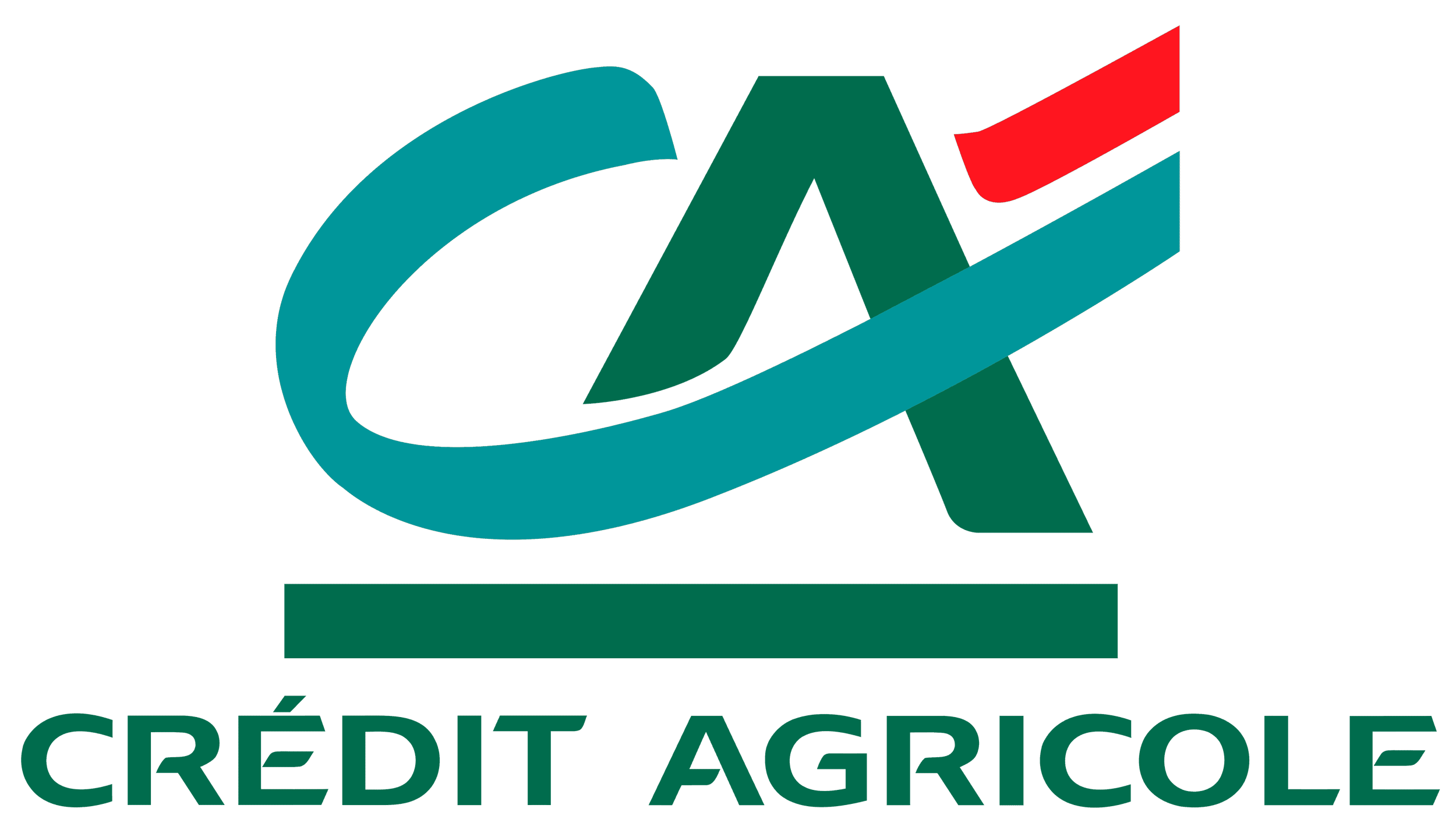 Credit Agricole logo with stylized 'CA' letters and a green, blue, and red design element above the French words 'CRÉDIT AGRICOLE'.