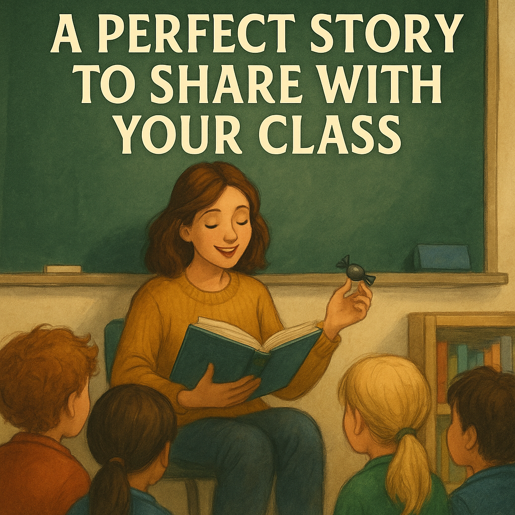 A teacher reading a story to a group of children in a classroom, with a chalkboard behind her that says 'A perfect story to share with your class'.