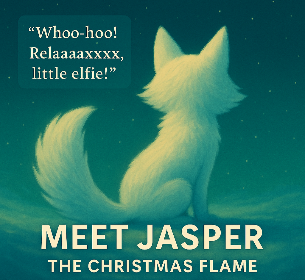 A illustrated white fox sitting on a snowy ground at night, with stars in the sky. A speech bubble says, "Whoo-hoo! Relaaaxxx, little elf!" The text at the bottom reads, "Meet Jasper, The Christmas Flame."