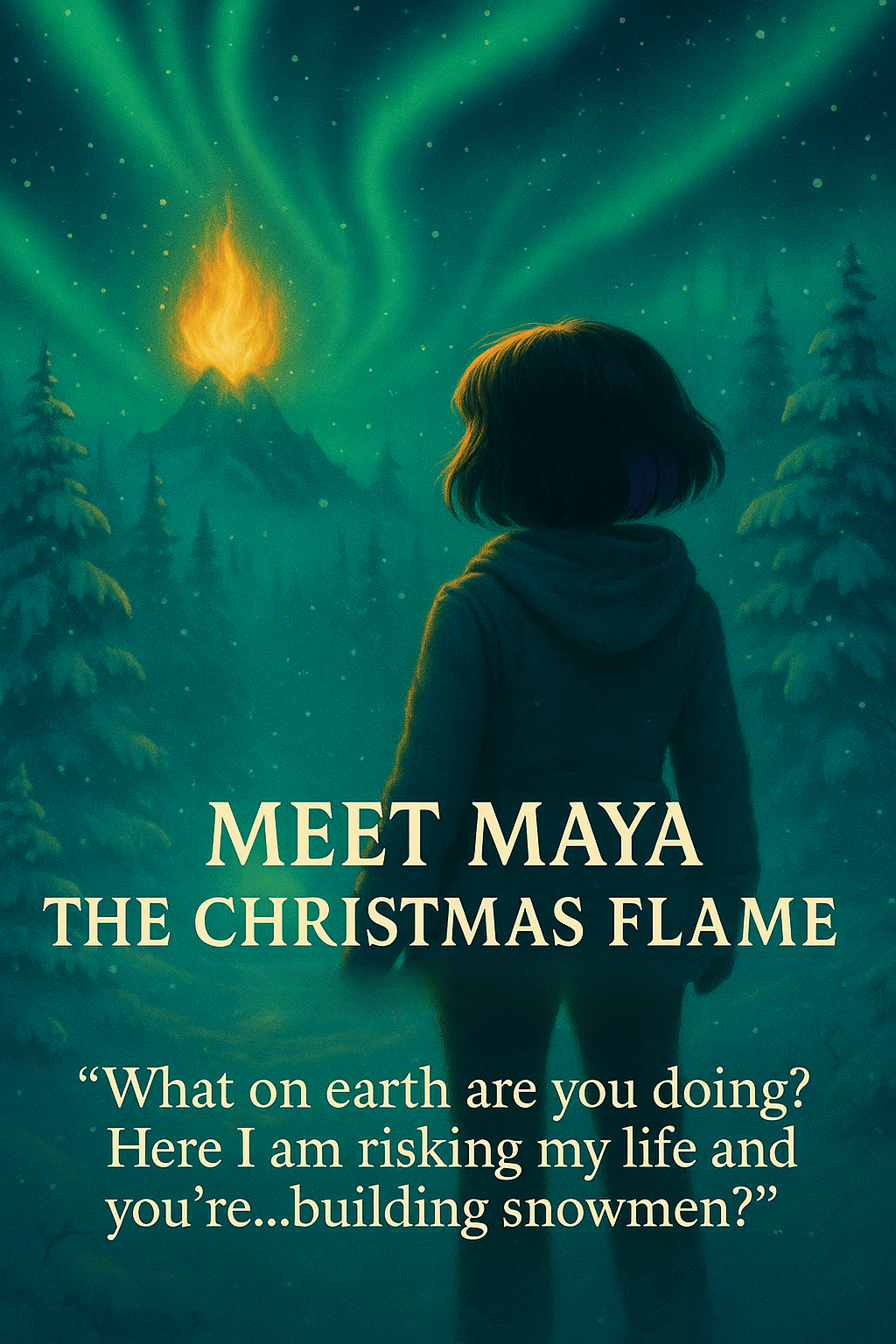 A girl with shoulder-length hair standing in a snowy forest at night, looking at the northern lights and a volcano with a glowing orange flame at its summit, with the text 'Meet Maya: The Christmas Flame' and a quote.