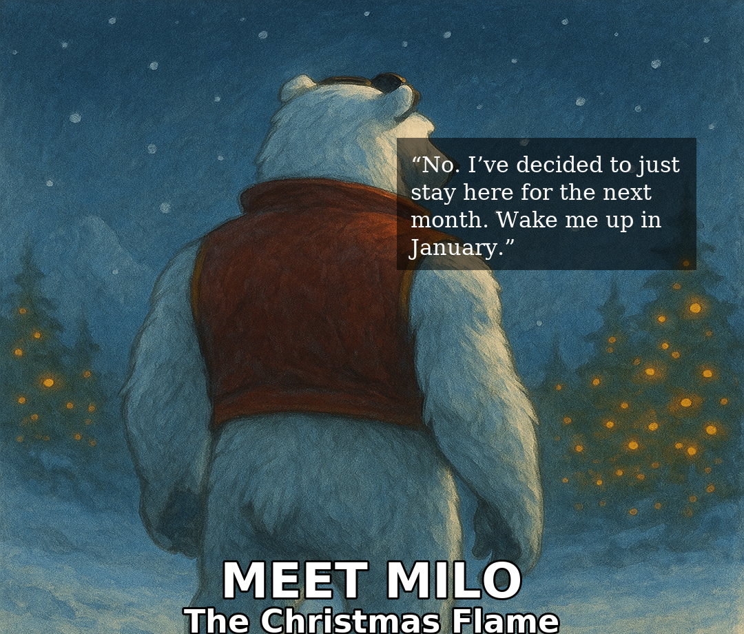 A painting of a polar bear wearing glasses and a red vest, standing outdoors at night with snow falling and Christmas trees in the background. A quote overlay says, "No. I've decided to just stay here for the next month. Wake me up in January." Below, there's text that reads, "MEET MILO The Christmas Flame."