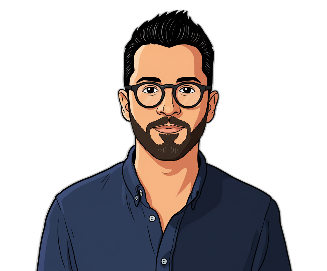 Digital illustration of a man with dark hair, glasses, facial hair, and a blue button-up shirt against a black background.