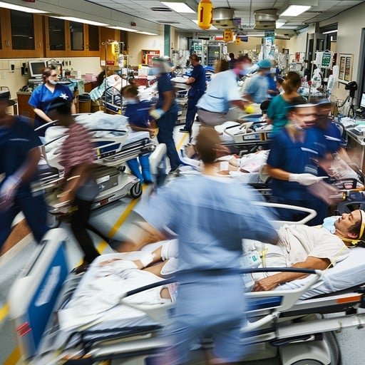 Busy hospital emergency room with nurses and doctors rushing around patients on stretchers and beds.