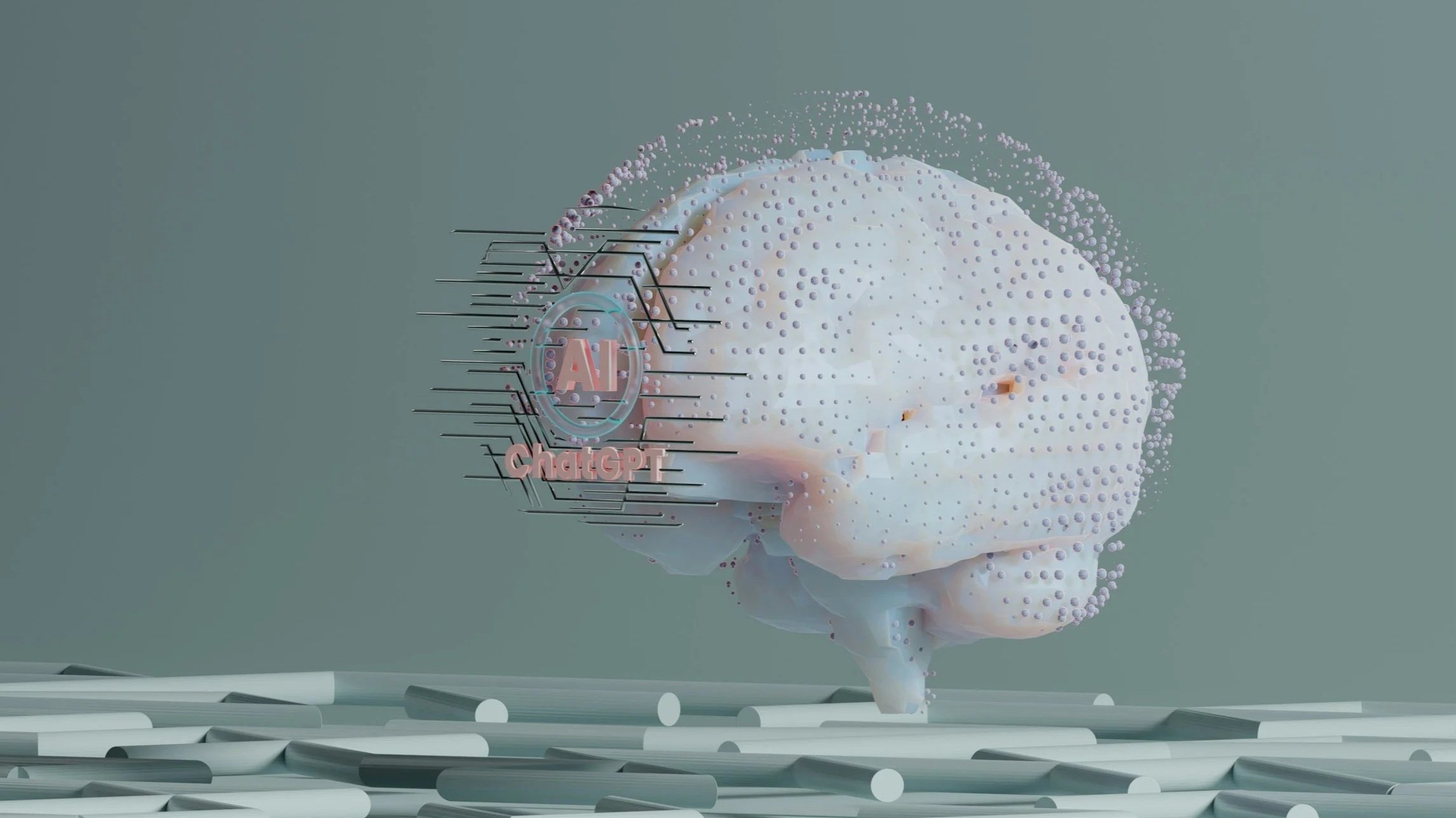 A digital illustration of a human brain with a futuristic, technological style, featuring floating text 'AI' and 'ChatGPT' near the left side of the brain. The brain is positioned above a surface of white cylindrical objects.