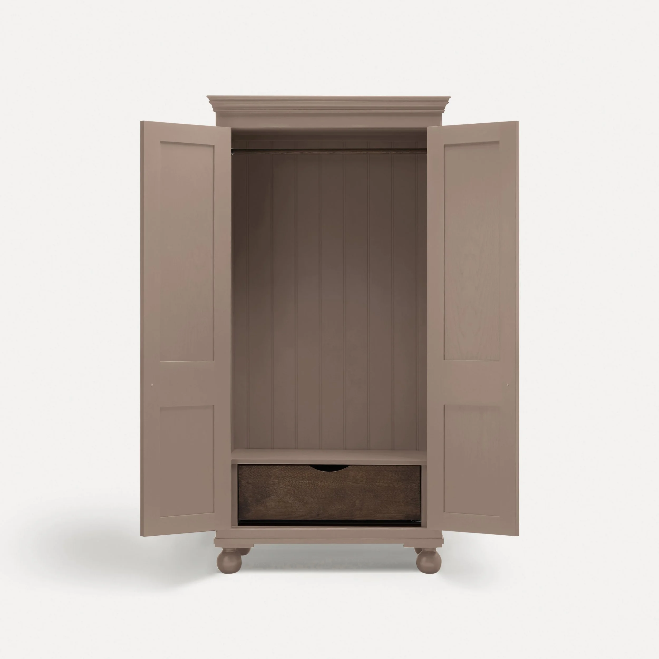 Freestanding traditional Georgian style wooden wardrobe painted in Porridge in a semi bespoke range of sustainable furniture range designed by Imperfect Interiors and Pilgrim House