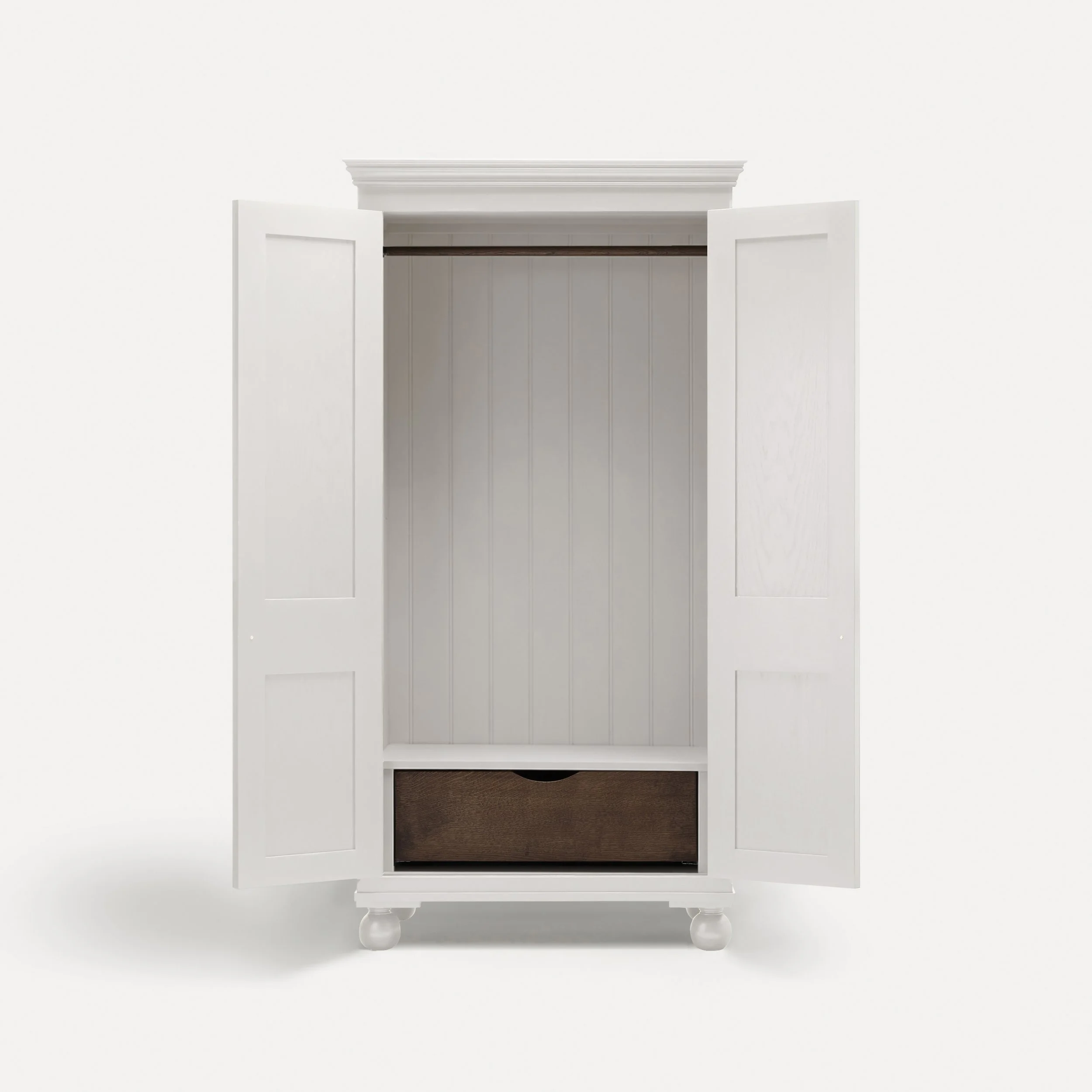 Freestanding traditional Georgian style wooden wardrobe painted in Porridge in a semi bespoke range of sustainable furniture range designed by Imperfect Interiors and Pilgrim House