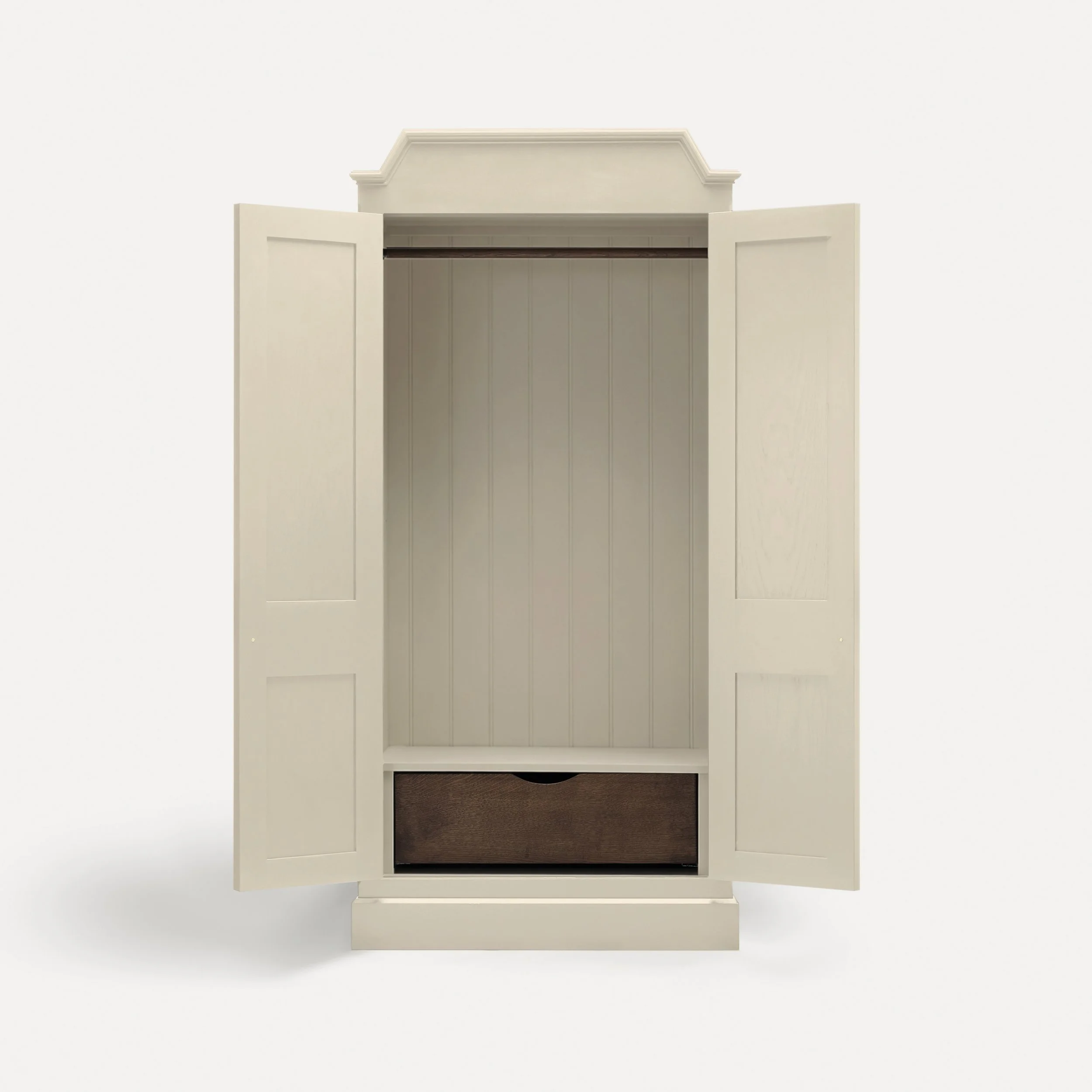 Freestanding traditional Rustic style wooden wardrobe semi bespoke range of sustainable furniture designed by Imperfect Interiors and Pilgrim House