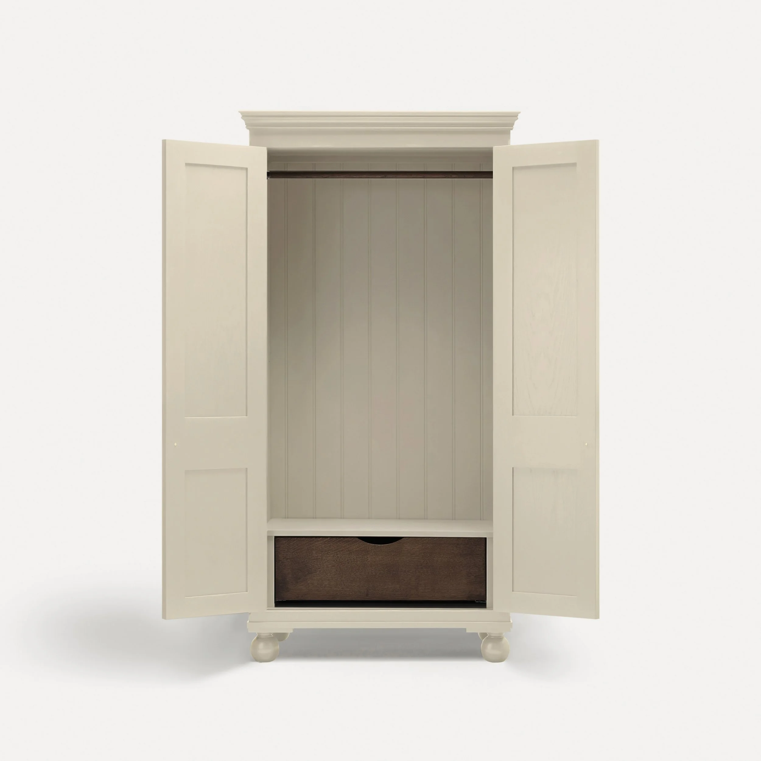 Freestanding traditional Georgian style wooden wardrobe painted in Porridge in a semi bespoke range of sustainable furniture range designed by Imperfect Interiors and Pilgrim House