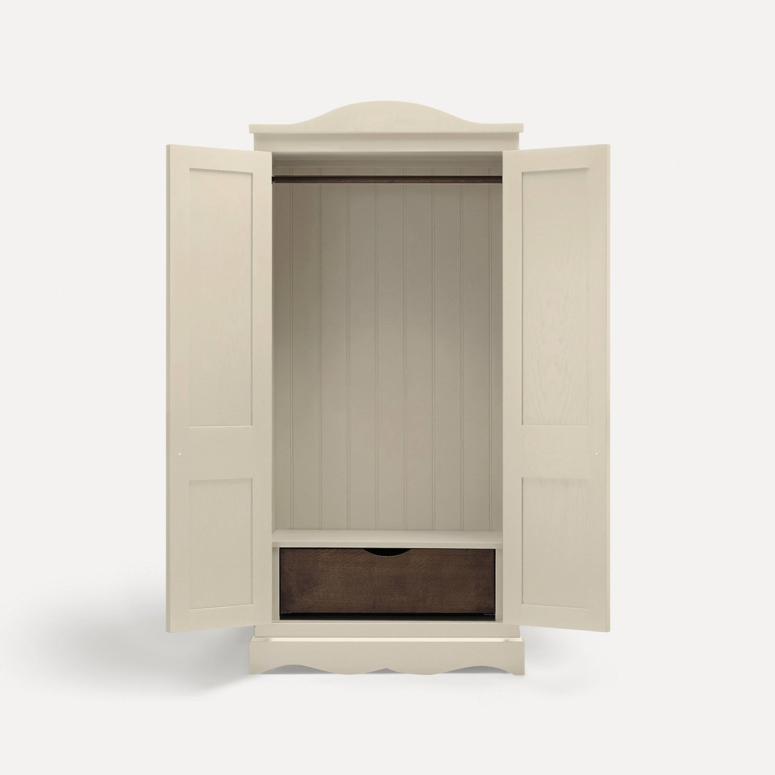 Freestanding traditional Gustavian style wooden wardrobe semi bespoke range of sustainable furniture range designed by Imperfect Interiors and Pilgrim House