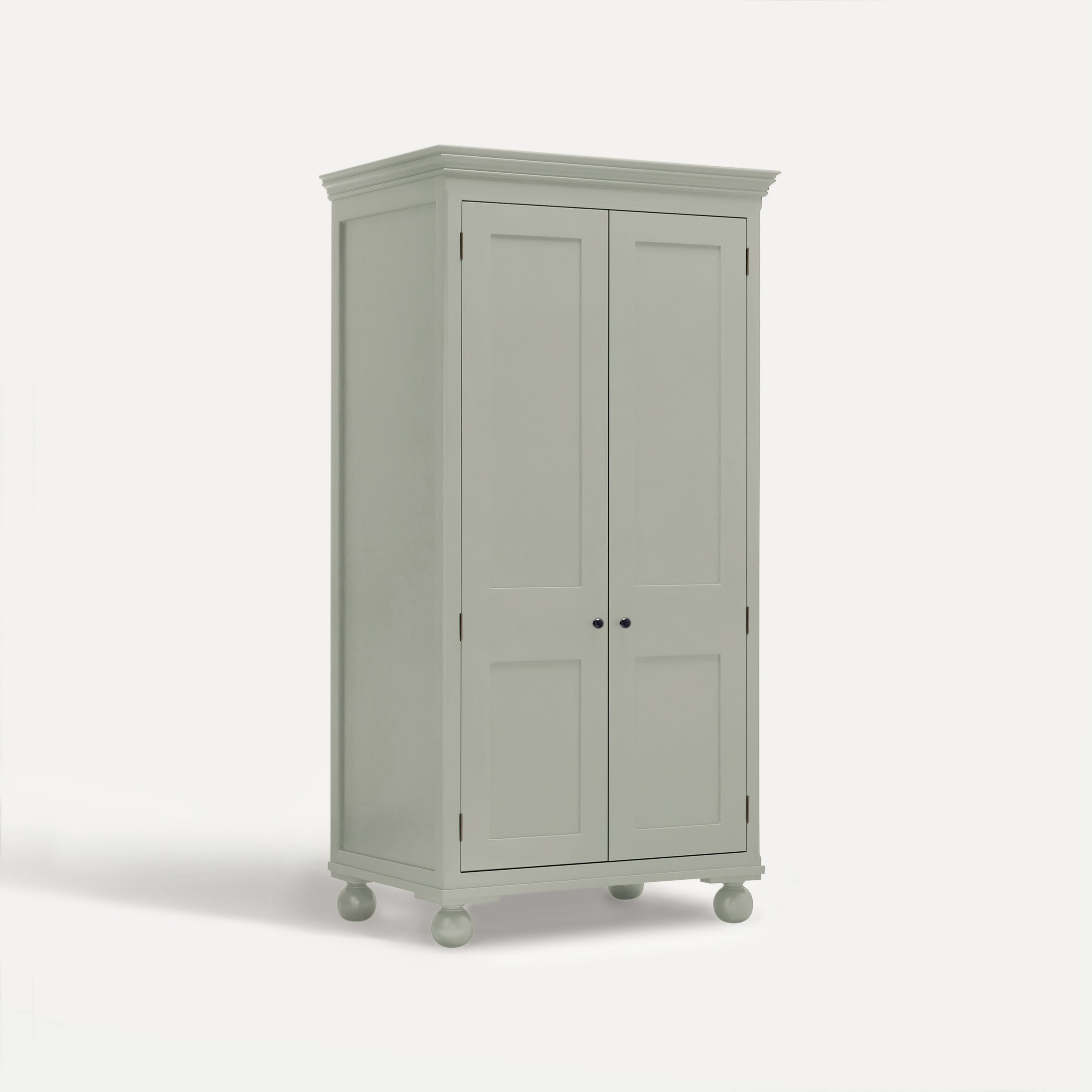 Freestanding traditional Georgian style wooden wardrobe painted in Pear in a semi bespoke range of sustainable furniture range designed by Imperfect Interiors and Pilgrim House