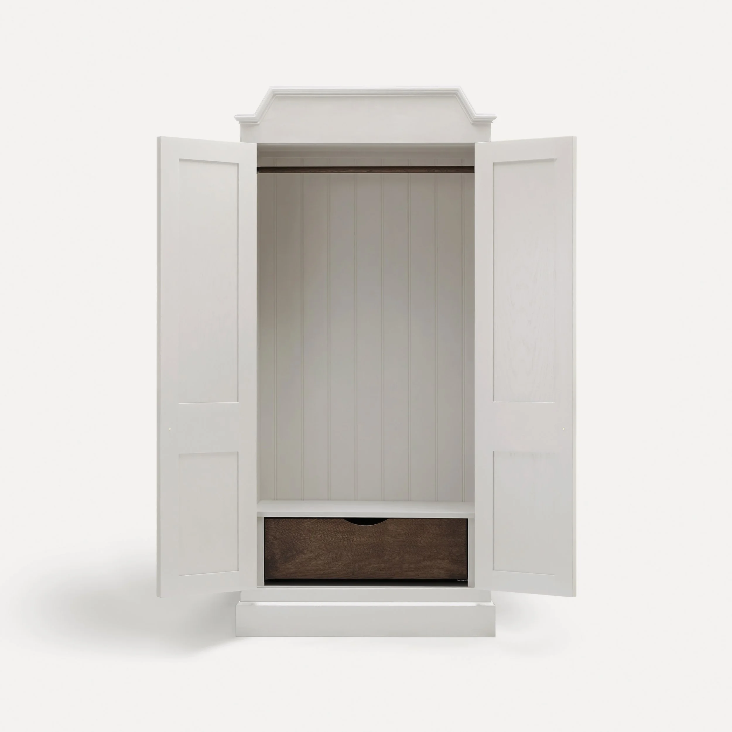 Freestanding traditional Rustic style wooden wardrobe semi bespoke range of sustainable furniture designed by Imperfect Interiors and Pilgrim House