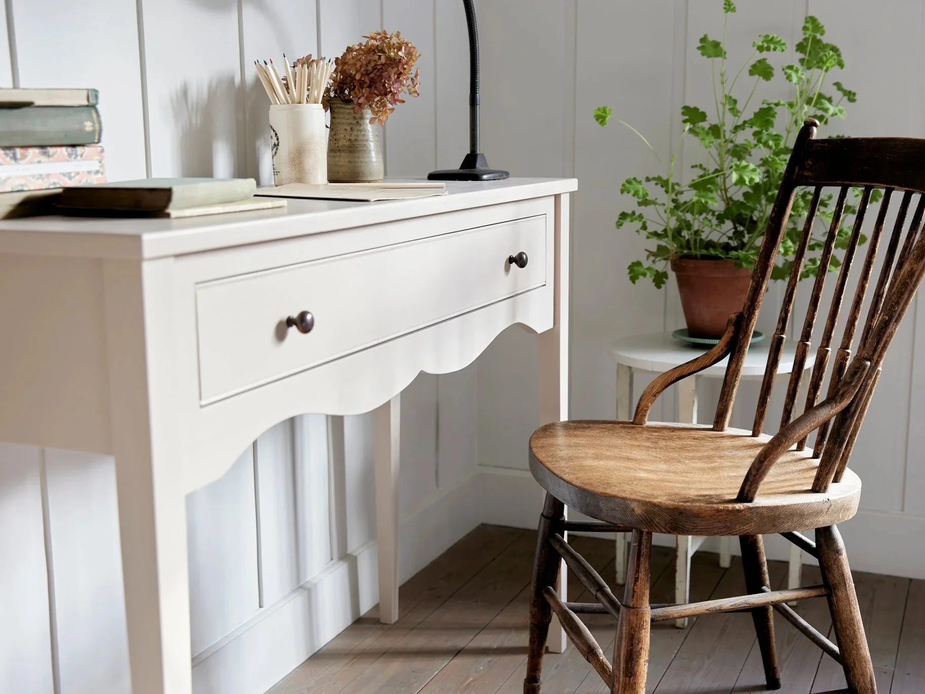 Semi bespoke hand painted traditional desk console designed by Imperfect Interiors and Pilgrim House