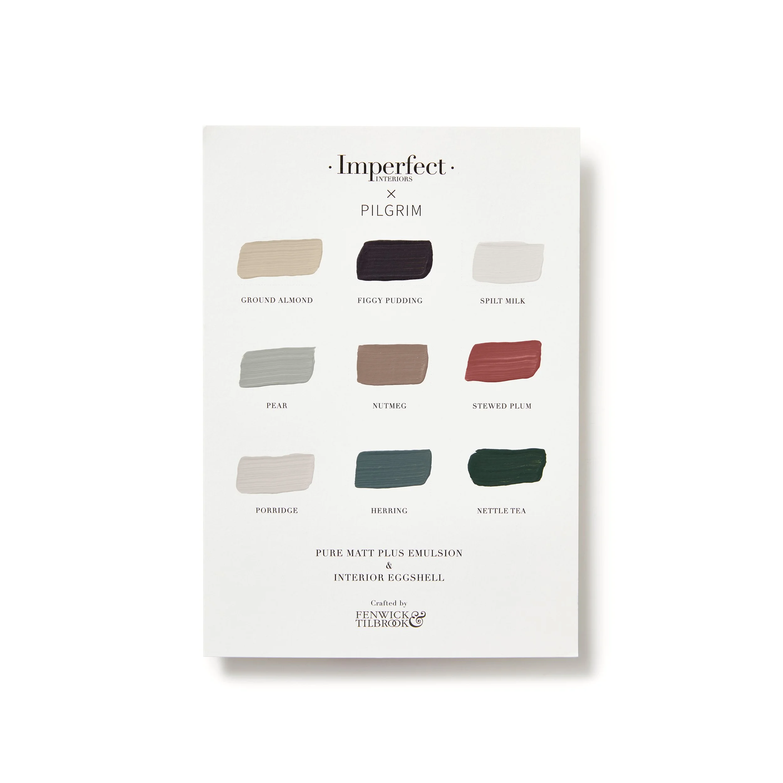 Painted colour card showing options for the  hand painted traditional wooden semi bespoke range of sustainable furniture designed by Imperfect Interiors and Pilgrim House