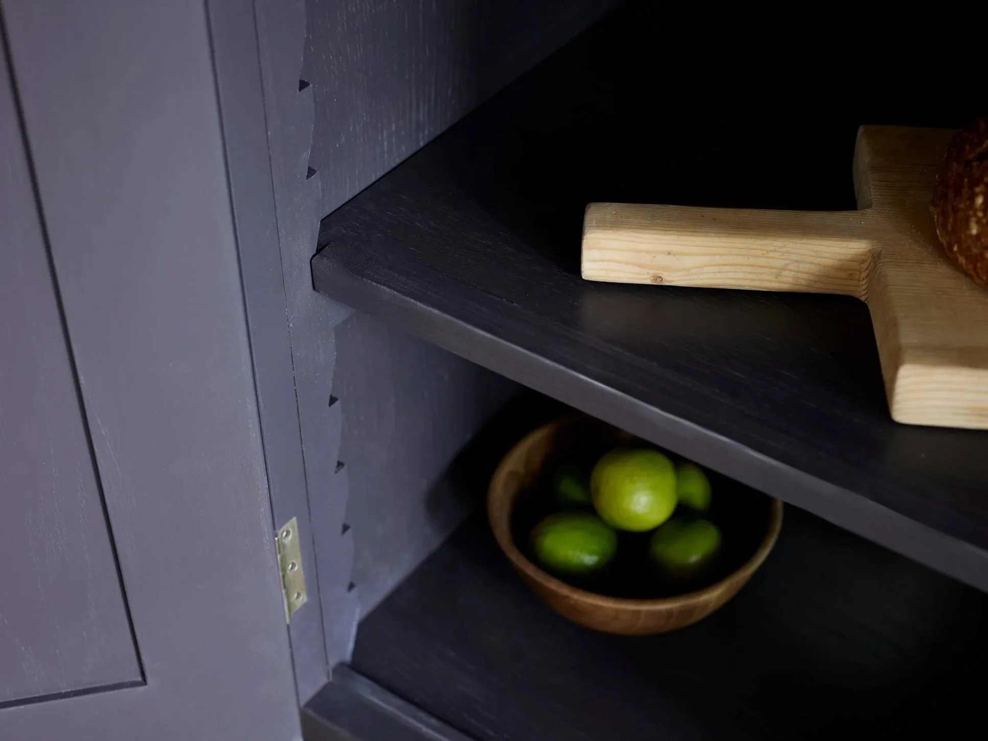 Freestanding semi bespoke traditional wooden pantry larder hand painted in Figgy Pudding designed by Imperfect Interiors and Pilgrim House
