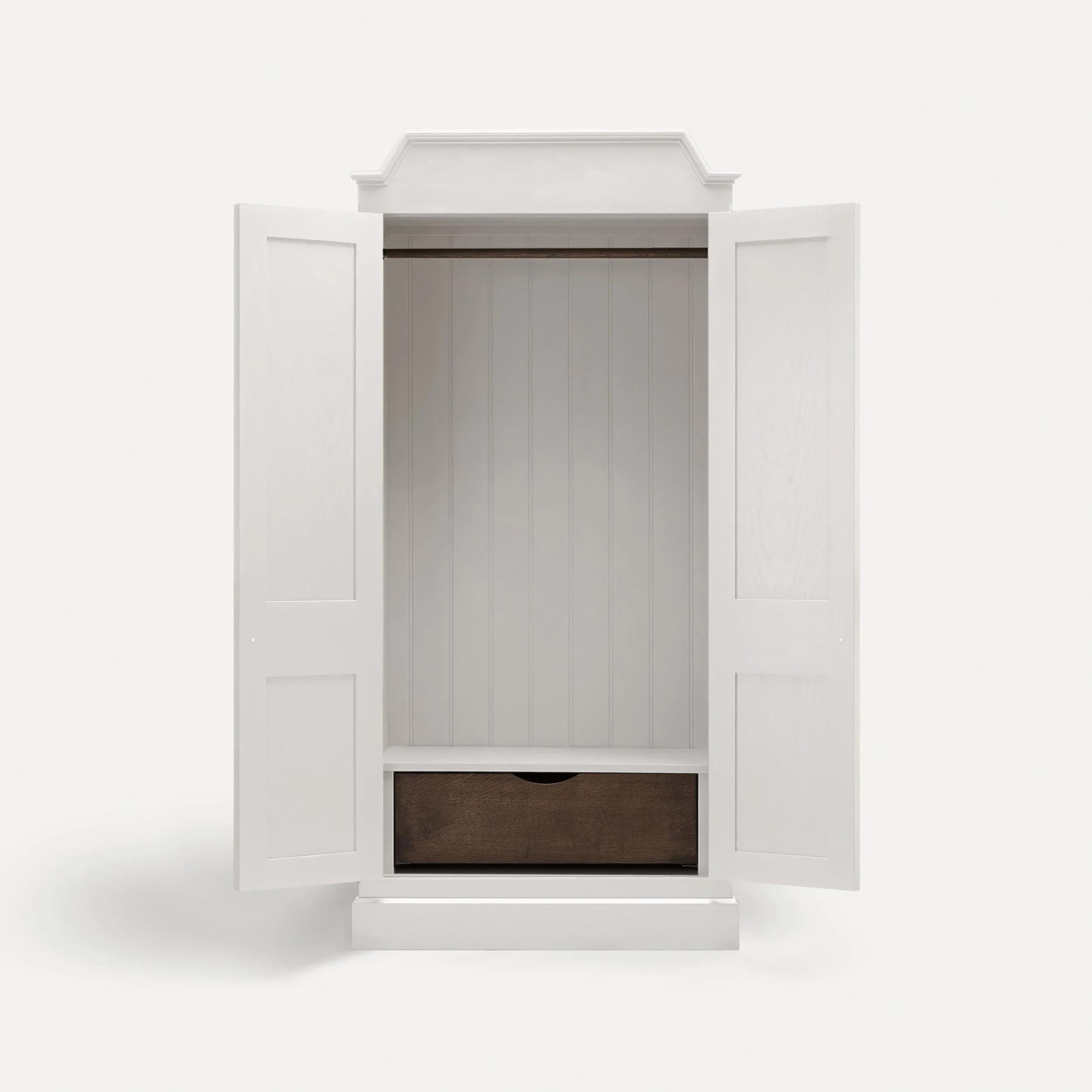 Freestanding traditional Rustic style wooden wardrobe semi bespoke range of sustainable furniture designed by Imperfect Interiors and Pilgrim House