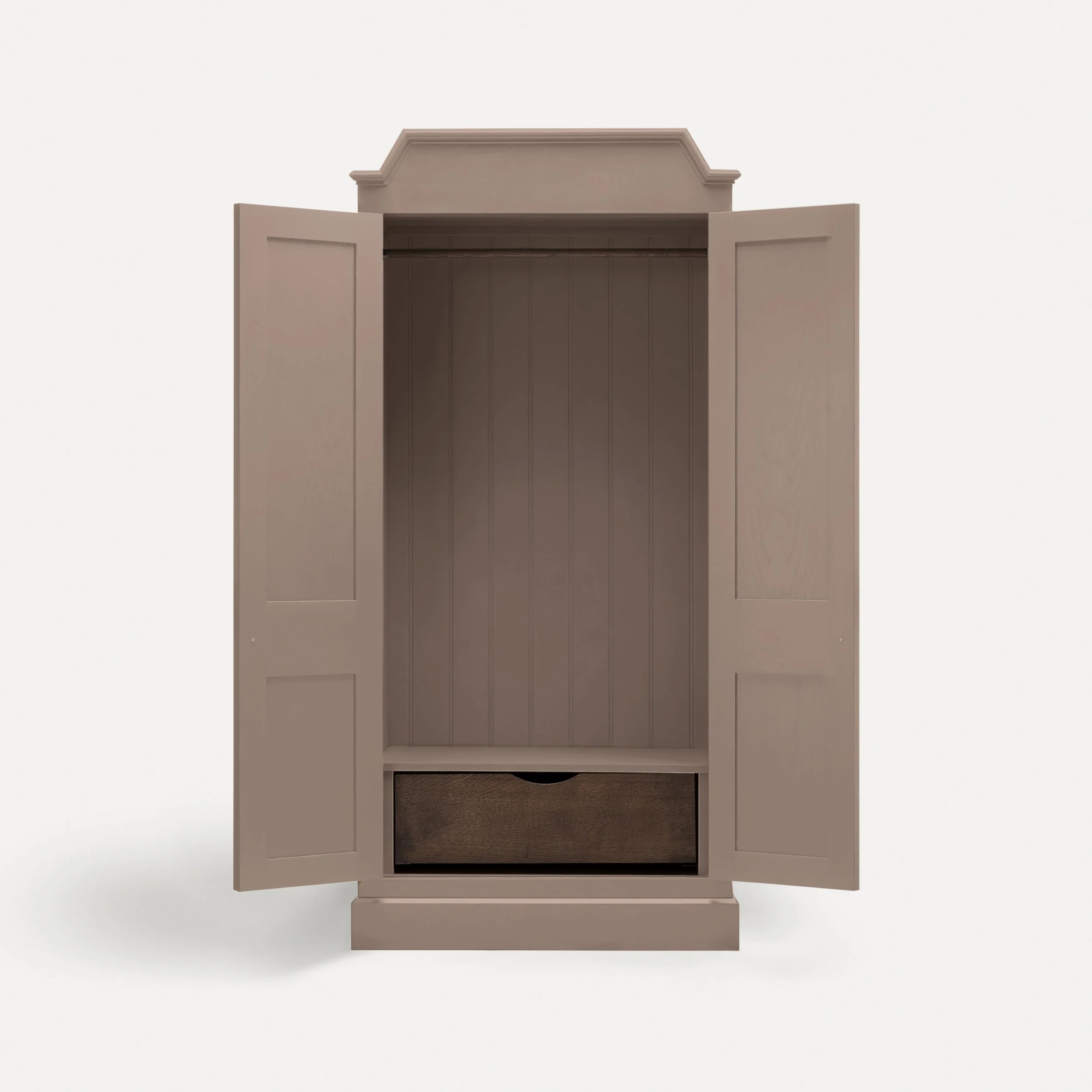 Freestanding traditional Rustic style wooden wardrobe semi bespoke range of sustainable furniture designed by Imperfect Interiors and Pilgrim House