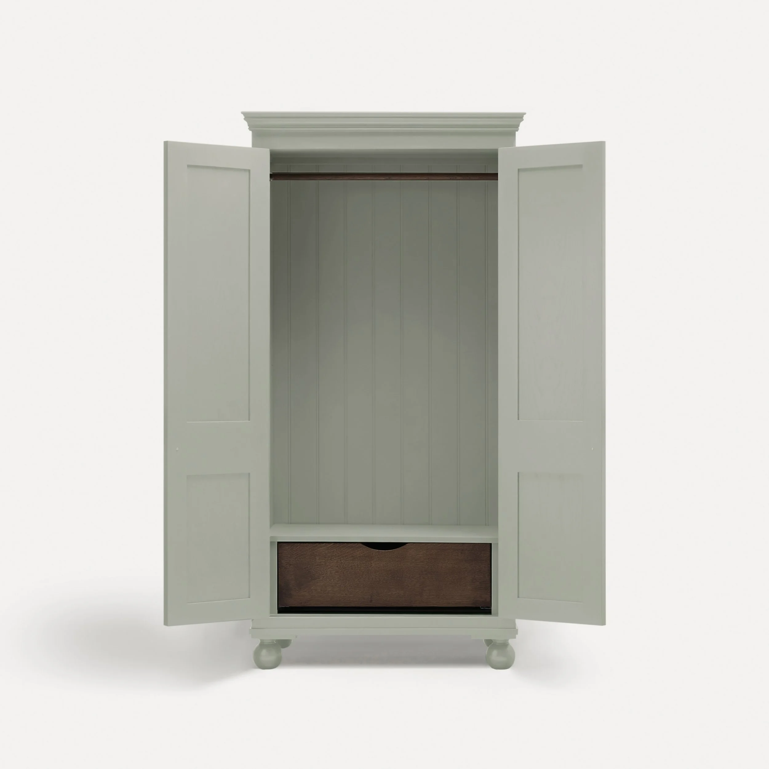 Freestanding traditional Georgian style wooden wardrobe painted in Porridge in a semi bespoke range of sustainable furniture range designed by Imperfect Interiors and Pilgrim House