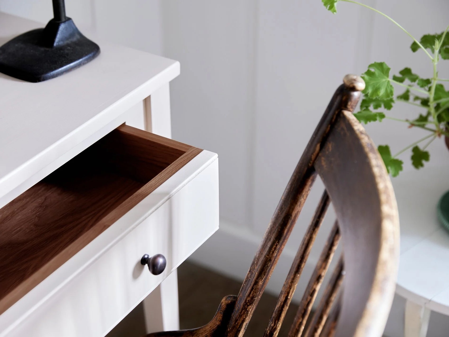 Semi bespoke hand painted traditional desk console designed by Imperfect Interiors and Pilgrim House