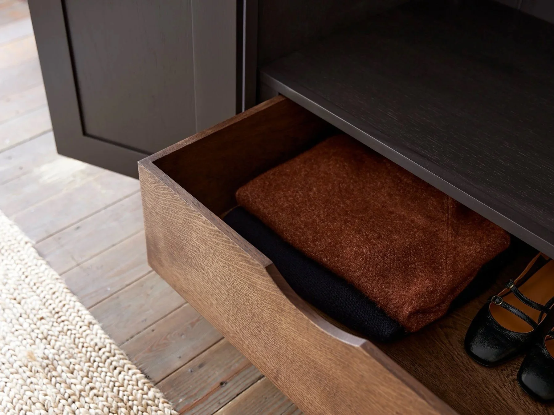 Freestanding Rustic style semi bespoke traditional wooden wardrobe hand painted designed by Imperfect Interiors and Pilgrim House