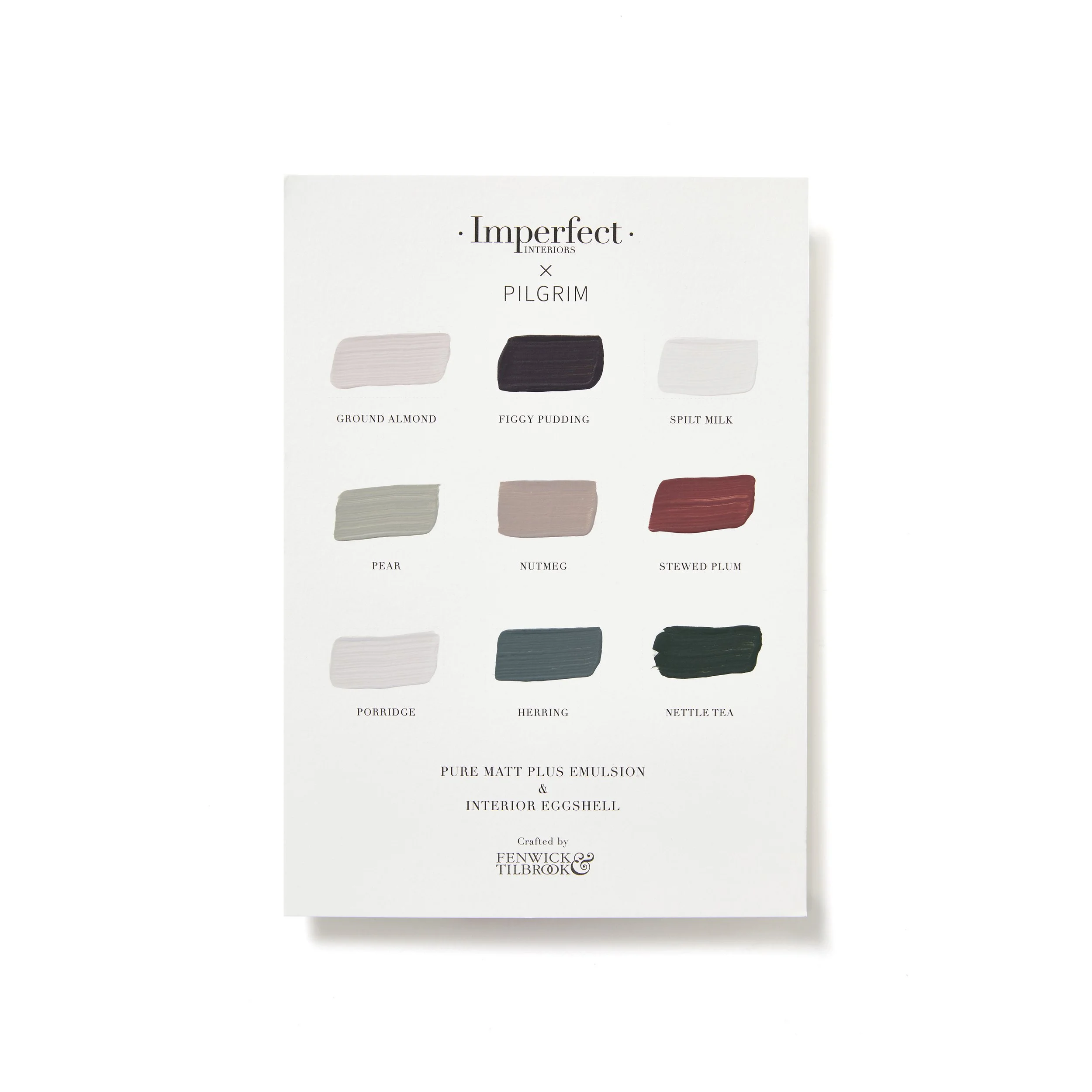 Painted colour card showing options for the  hand painted traditional wooden semi bespoke range of sustainable furniture designed by Imperfect Interiors and Pilgrim House