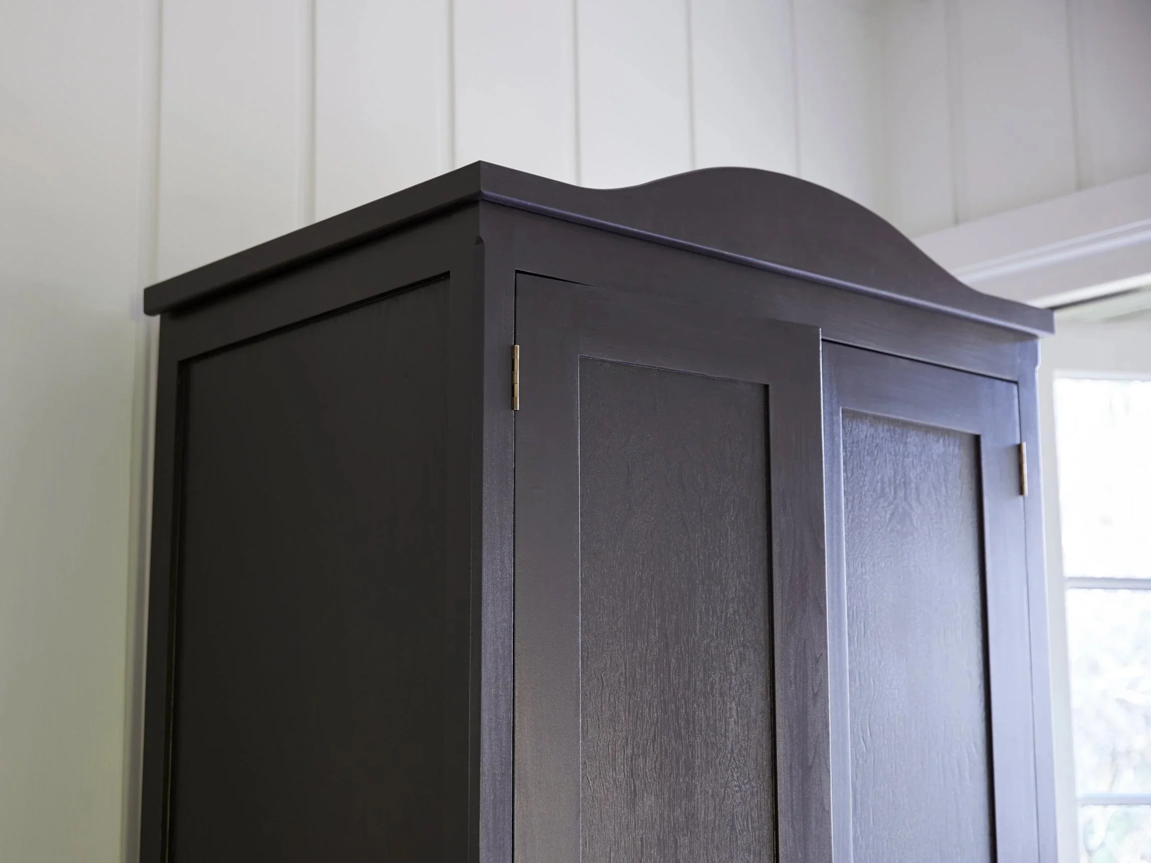 Freestanding Gustavian style semi bespoke traditional wooden wardrobe hand painted designed by Imperfect Interiors and Pilgrim House