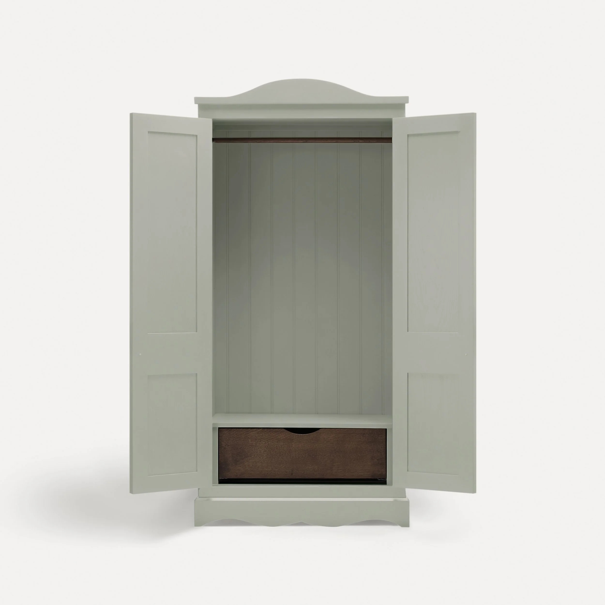 Freestanding traditional Gustavian style wooden wardrobe semi bespoke range of sustainable furniture designed by Imperfect Interiors and Pilgrim House