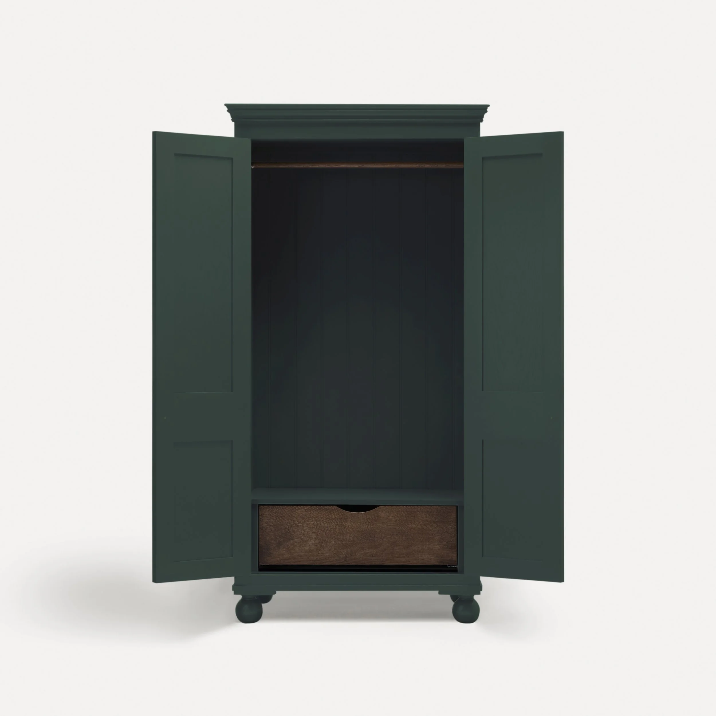 Freestanding traditional Georgian style wooden wardrobe painted in Porridge in a semi bespoke range of sustainable furniture range designed by Imperfect Interiors and Pilgrim House