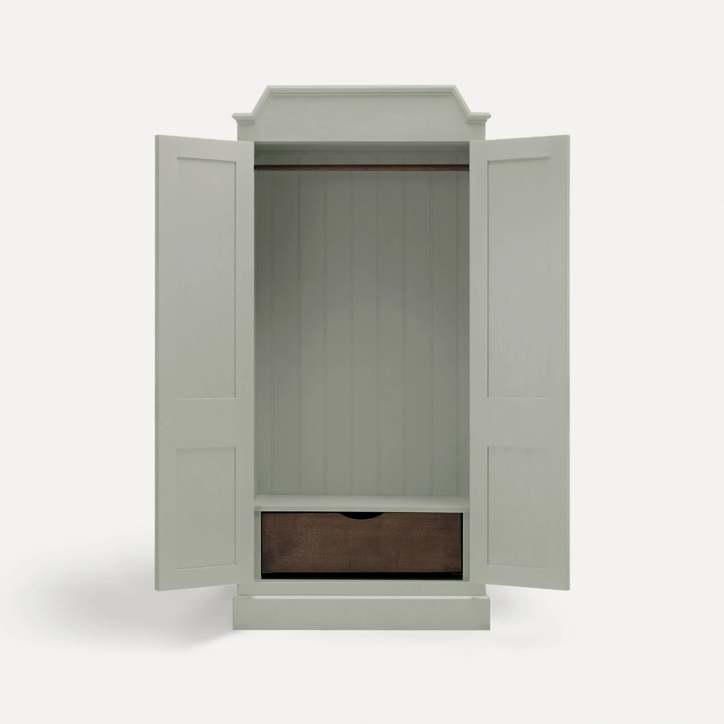 Freestanding traditional Rustic style wooden wardrobe semi bespoke range of sustainable furniture designed by Imperfect Interiors and Pilgrim House