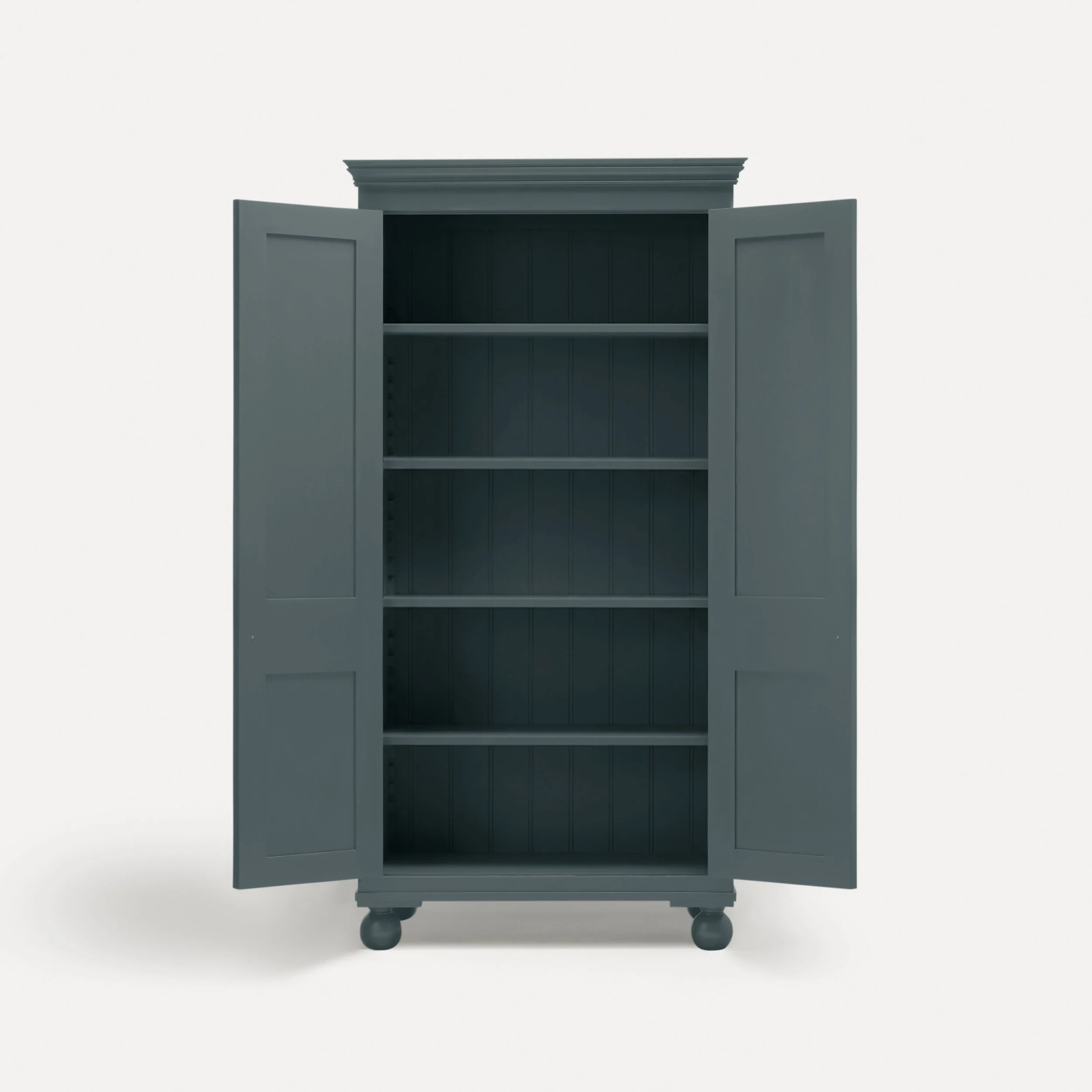 Freestanding Georgian style semi bespoke traditional wooden pantry larder hand painted designed by Imperfect Interiors and Pilgrim House