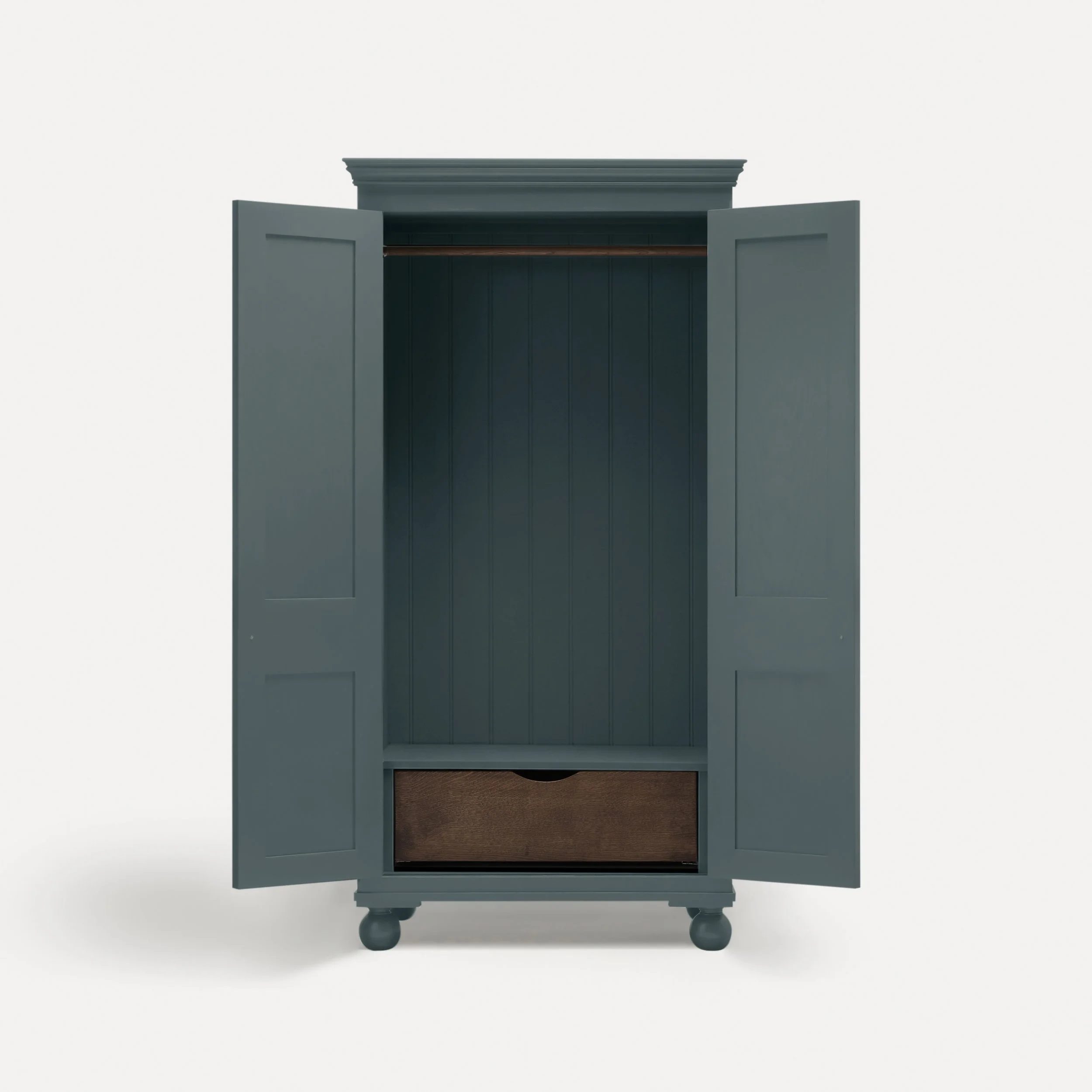 Freestanding traditional Georgian style wooden wardrobe painted in Porridge in a semi bespoke range of sustainable furniture range designed by Imperfect Interiors and Pilgrim House
