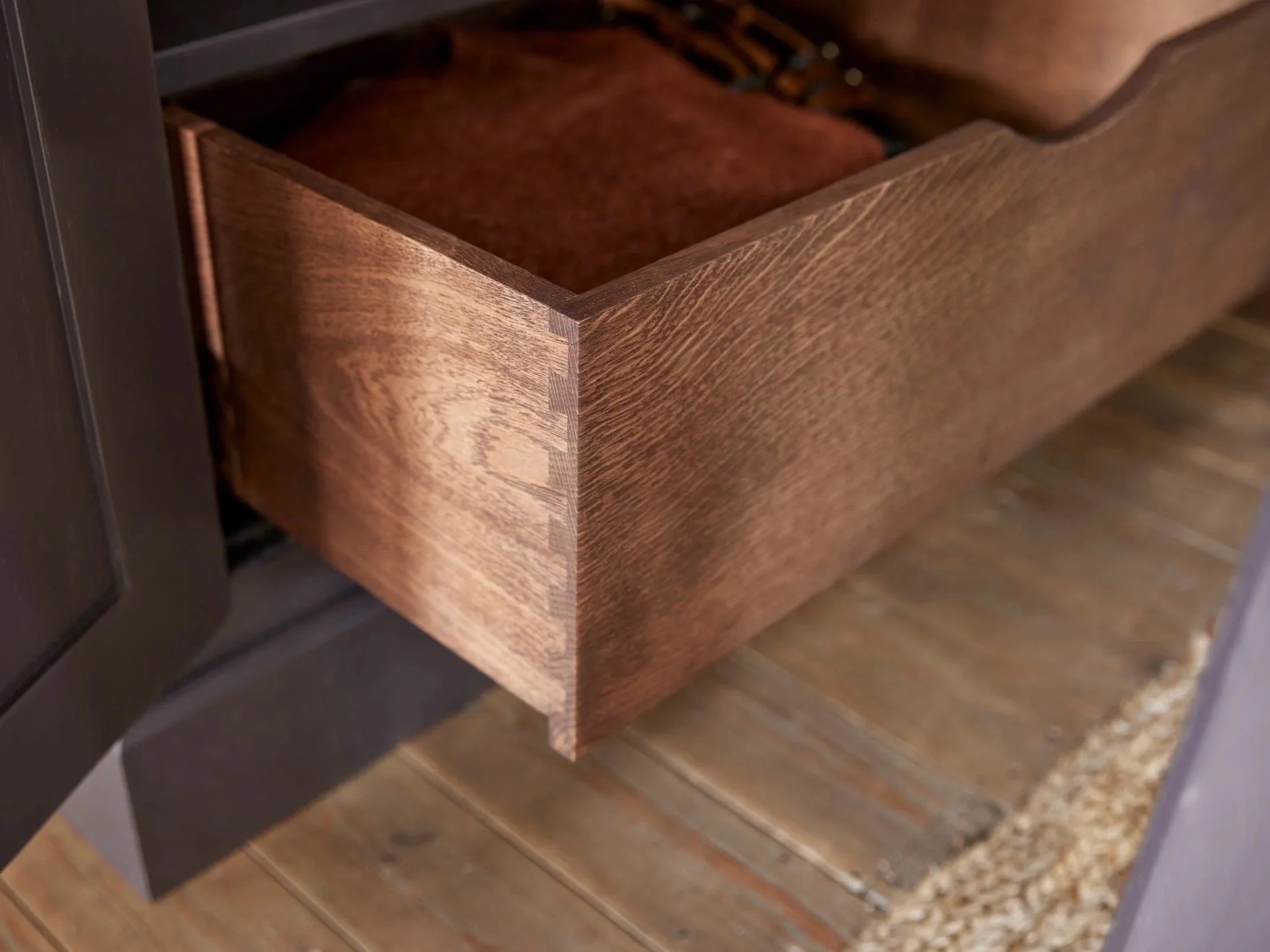 Freestanding Rustic style semi bespoke traditional wooden wardrobe hand painted designed by Imperfect Interiors and Pilgrim House