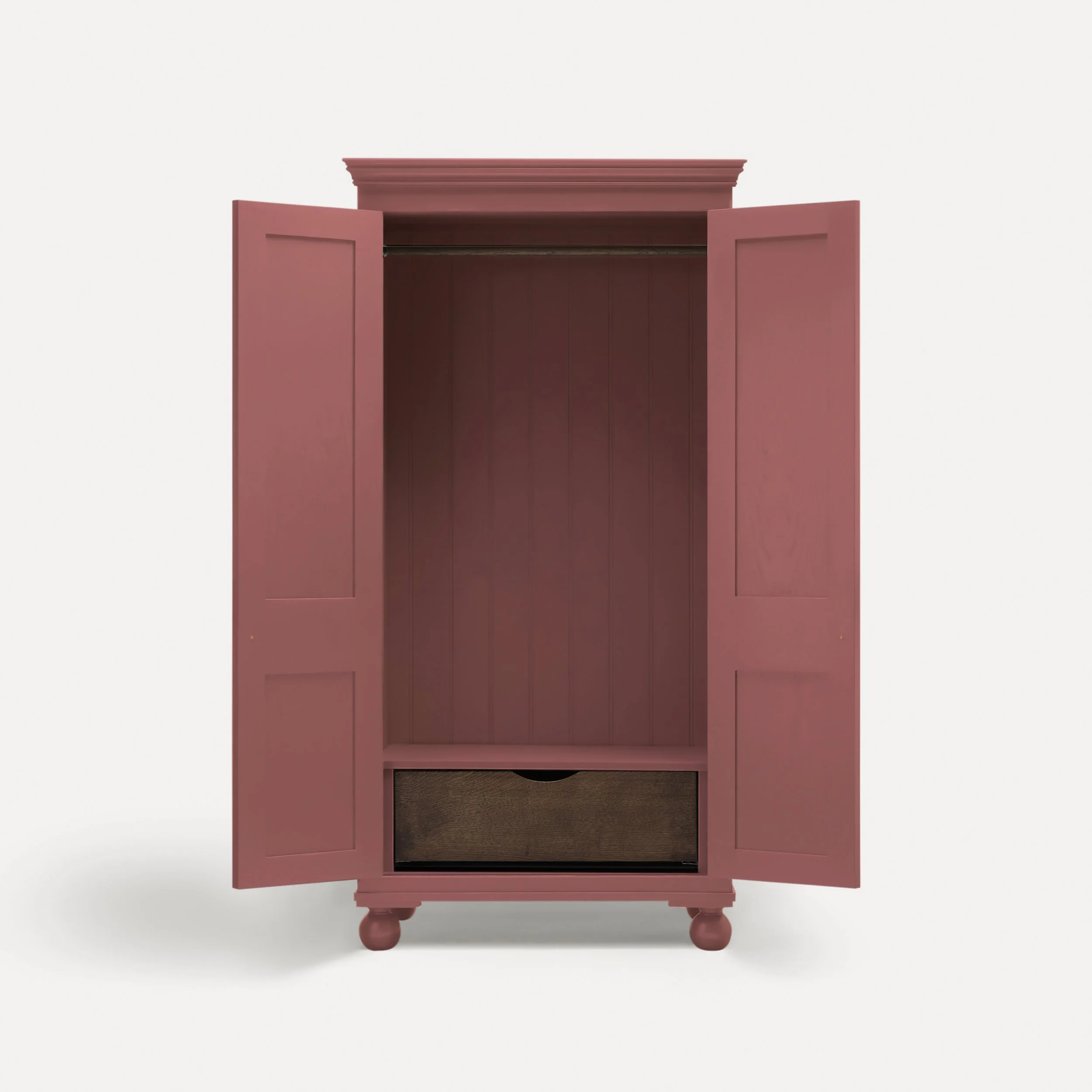 Freestanding traditional Georgian style wooden wardrobe painted in Porridge in a semi bespoke range of sustainable furniture range designed by Imperfect Interiors and Pilgrim House