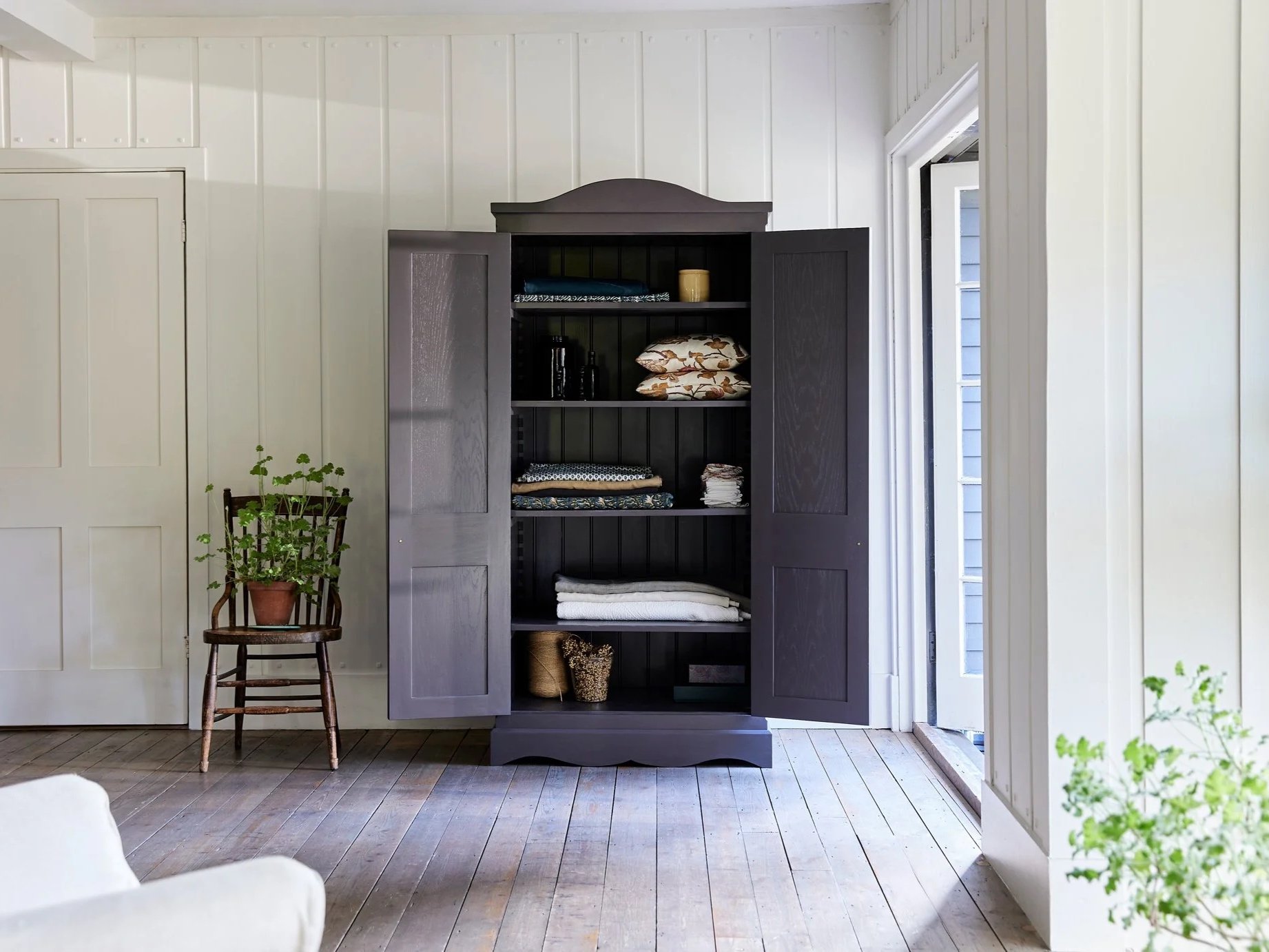 Freestanding Gustavian style semi bespoke traditional wooden linen cupboard press hand painted designed by Imperfect Interiors and Pilgrim House