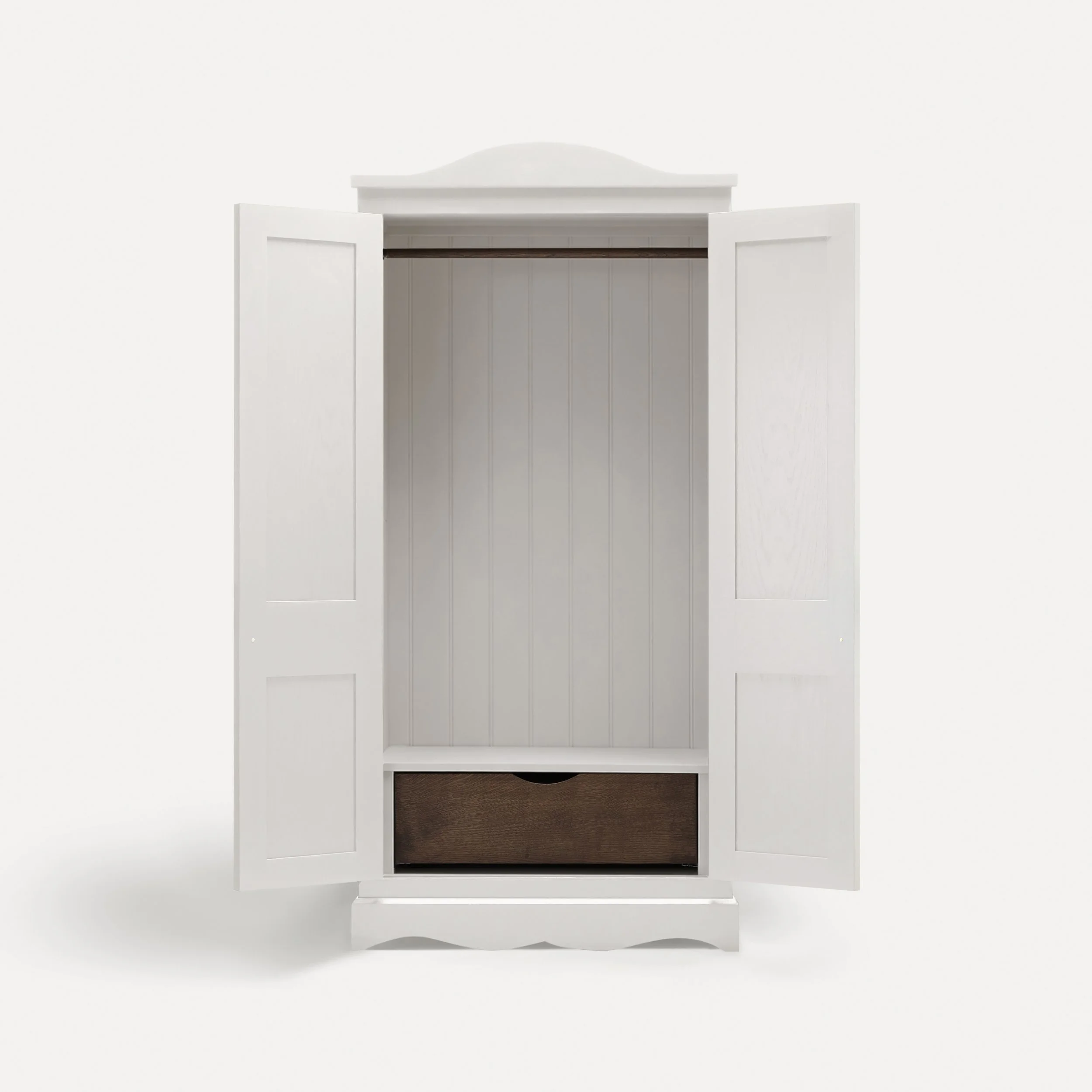 Freestanding traditional Gustavian style wooden wardrobe semi bespoke range of sustainable furniture designed by Imperfect Interiors and Pilgrim House