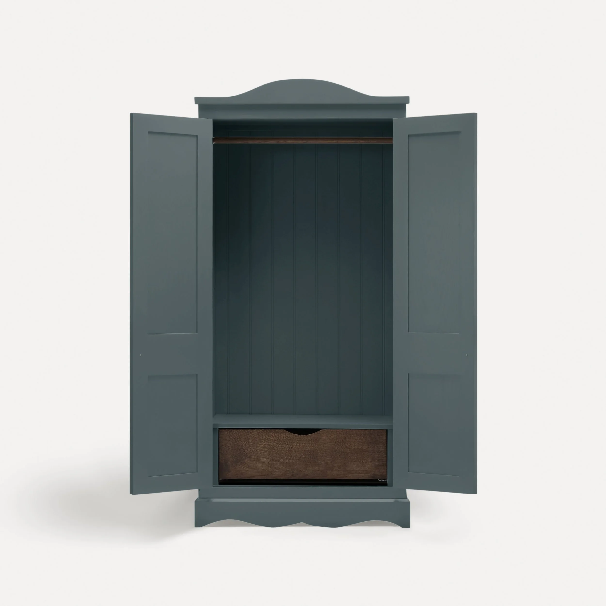 Freestanding traditional Gustavian style wooden wardrobe semi bespoke range of sustainable furniture designed by Imperfect Interiors and Pilgrim House