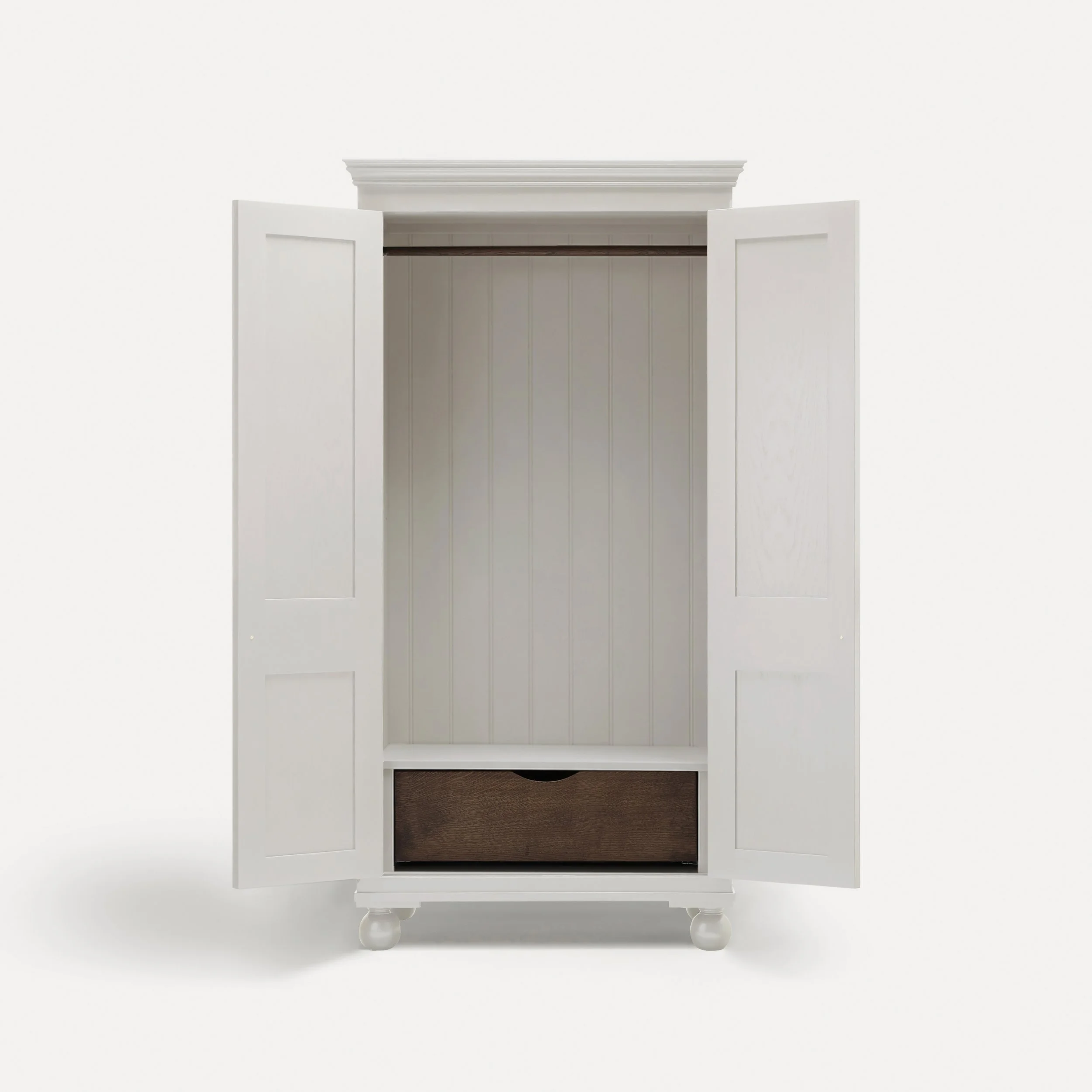 Freestanding traditional Georgian style wooden wardrobe painted in Porridge in a semi bespoke range of sustainable furniture range designed by Imperfect Interiors and Pilgrim House