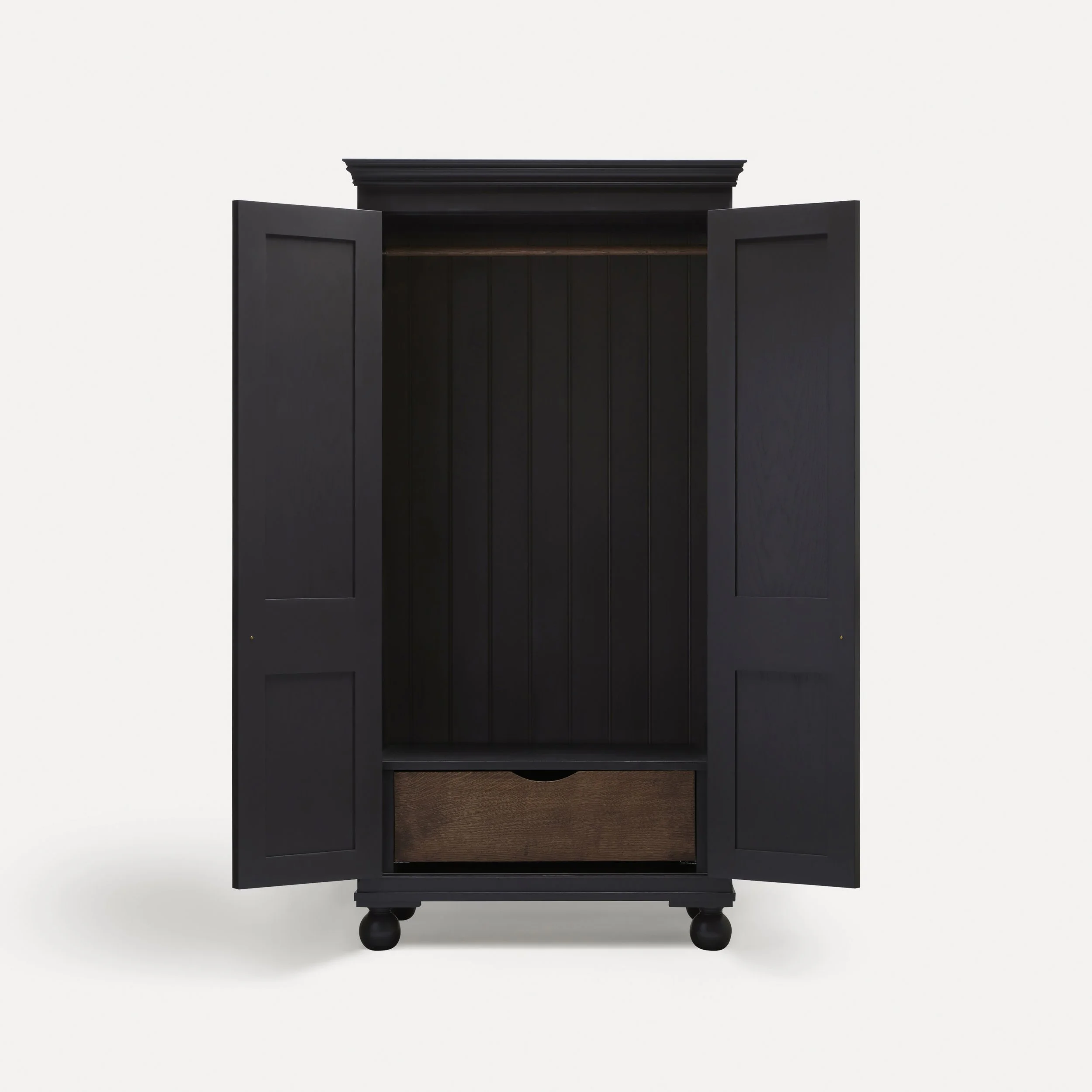 Freestanding traditional Georgian style wooden wardrobe painted in Figgy Pudding in a semi bespoke range of sustainable furniture range designed by Imperfect Interiors and Pilgrim House