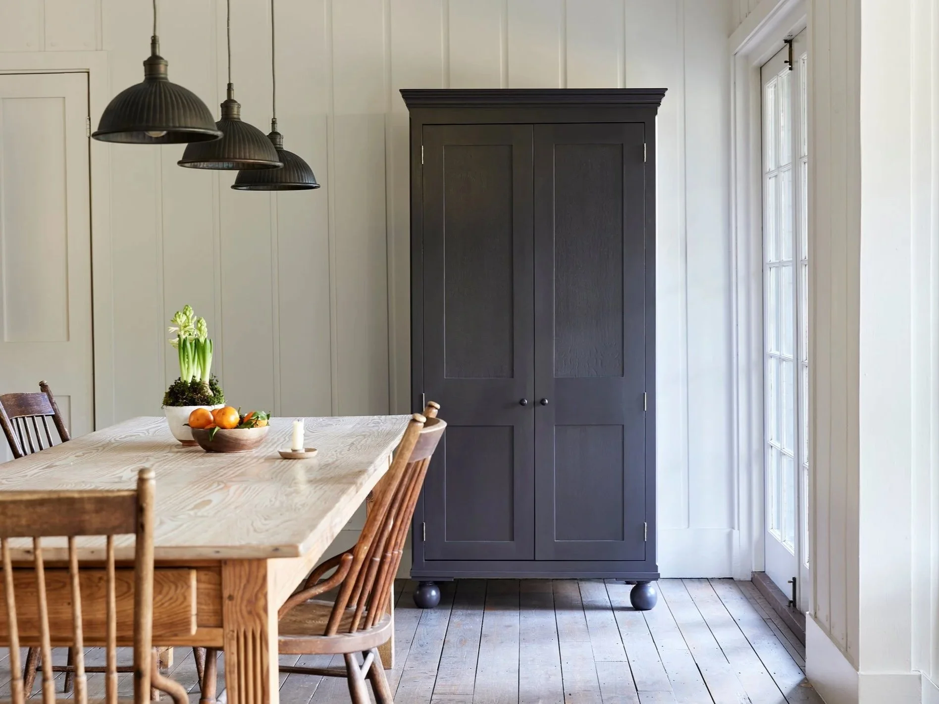 Freestanding semi bespoke traditional wooden pantry larder hand painted in Figgy Pudding designed by Imperfect Interiors and Pilgrim House