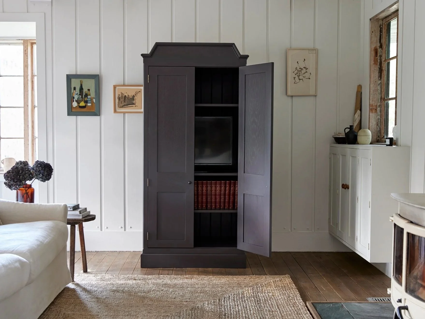 Freestanding Rustic style semi bespoke traditional wooden tv cabinet media unit hand painted designed by Imperfect Interiors and Pilgrim House