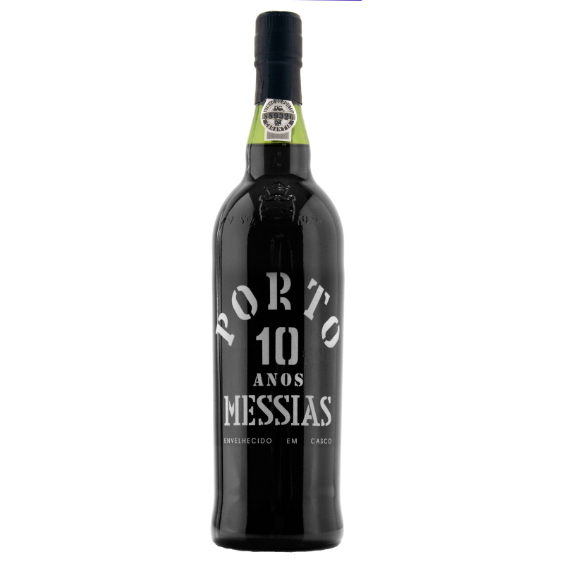 A black bottle with silver and green label, commemorating 10 years of Messias Port wine, with Portuguese text indicating it is aged in oak.