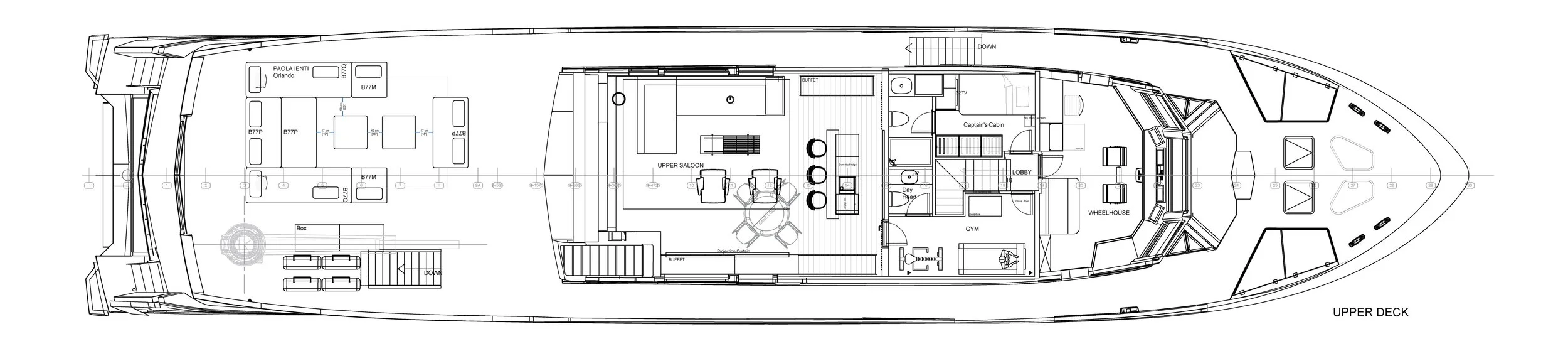 A detailed blueprint of a yacht's upper deck, including areas labeled as upper saloon, gym, captain's cabin, wheelhouse, and outdoor seating with lounge chairs.