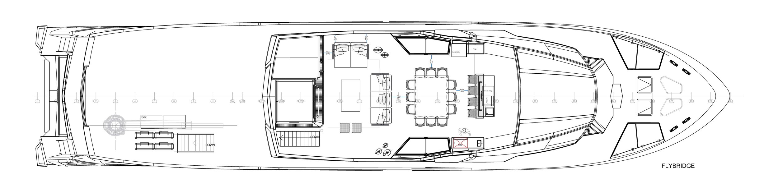 Top-down blueprint of a yacht's interior layout with multiple rooms including a lounge, dining area, kitchen, and bedrooms.