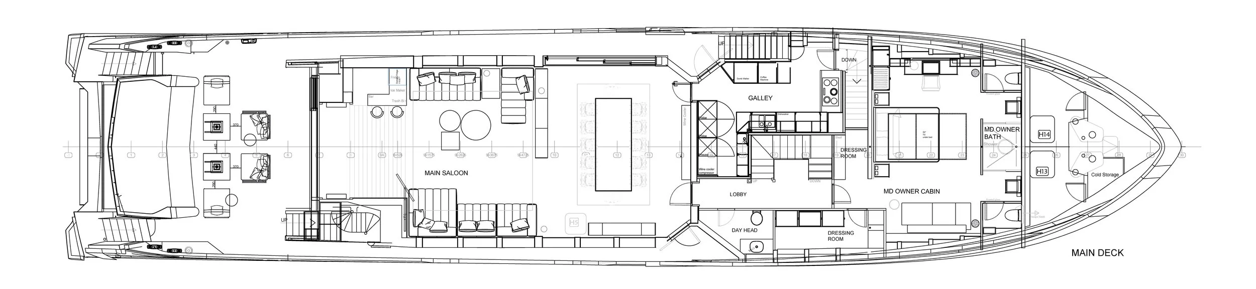Floor plan of a yacht showing a main deck with living areas, a galley, bathrooms, bedrooms, dressing rooms, and outdoor seating.