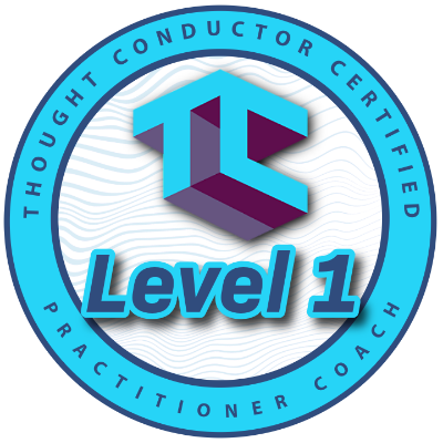 Logo for Thought Conductor Certified Level 1 Practice Coach showing a stylized 'TC' in 3D with a blue and purple color scheme and a circular border with the text 'Thought Conductor Certified' and 'Practice Coach' around it.