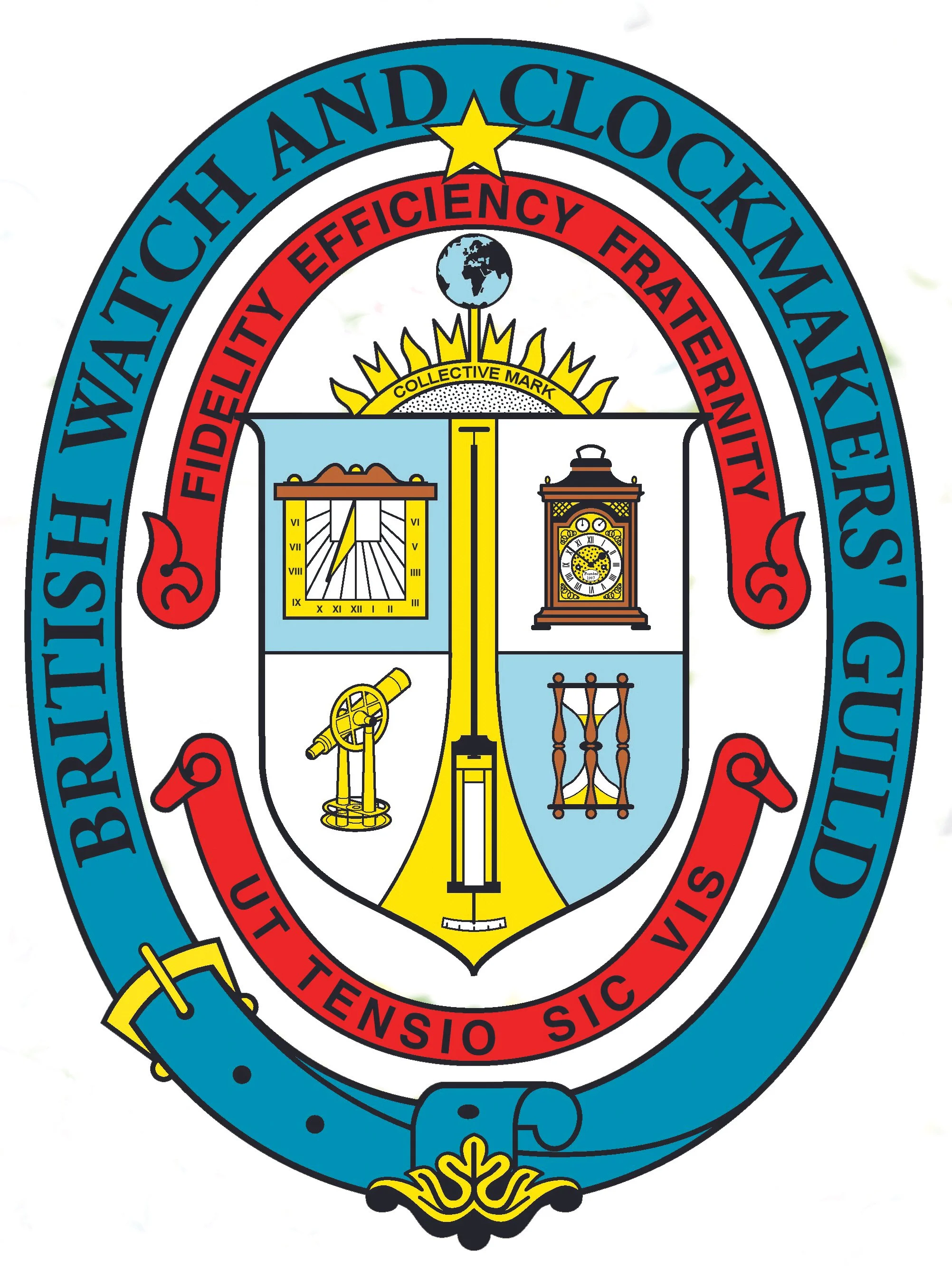 Seal of the Boston Watch and Clockmakers' Guild featuring a shield with clocks and scientific instruments, surrounded by text reading 'Boston Watch and Clockmakers' Guild' and other Latin inscriptions.