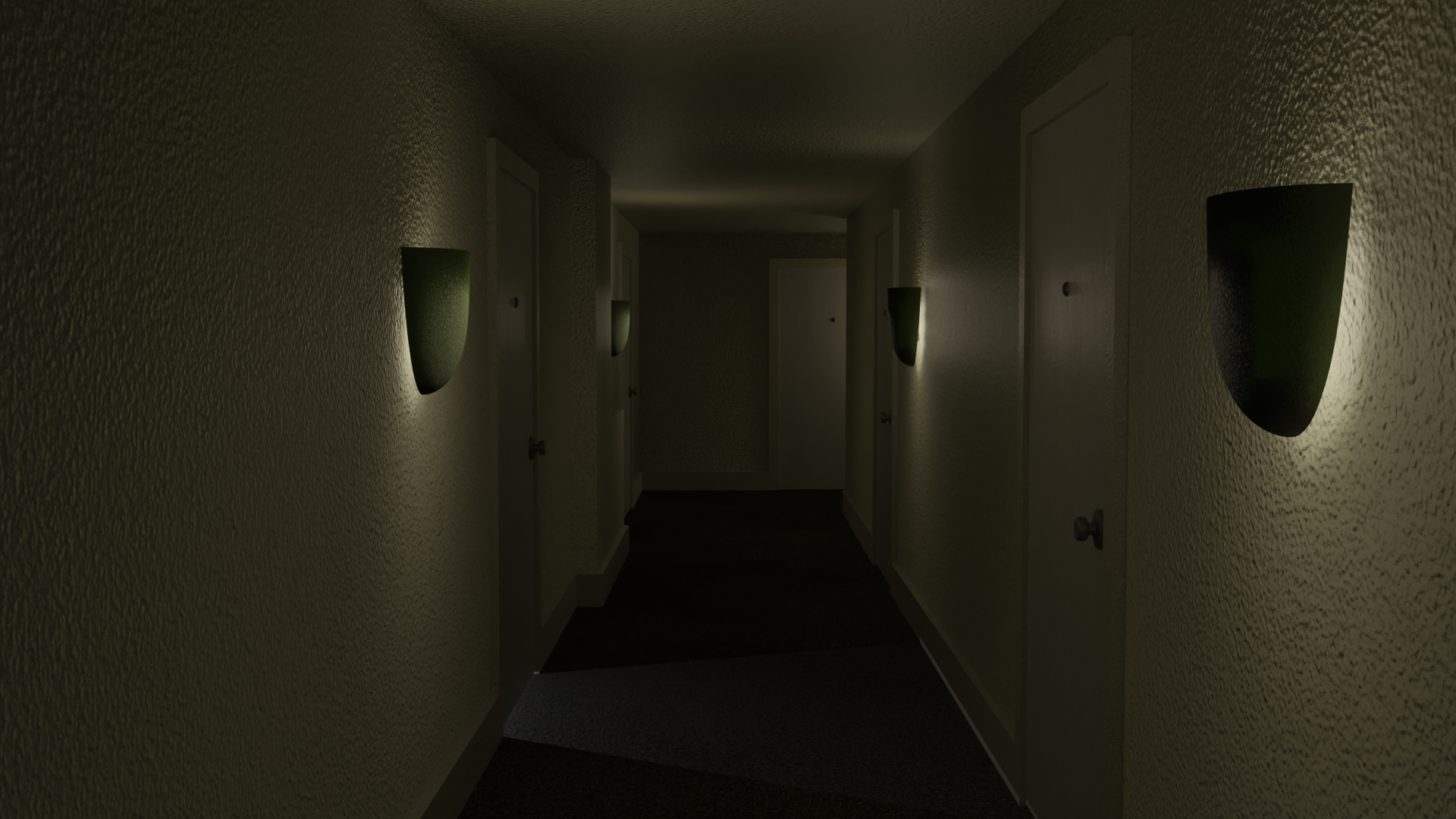 a rendering of a lowlight apartment hallway - 2023