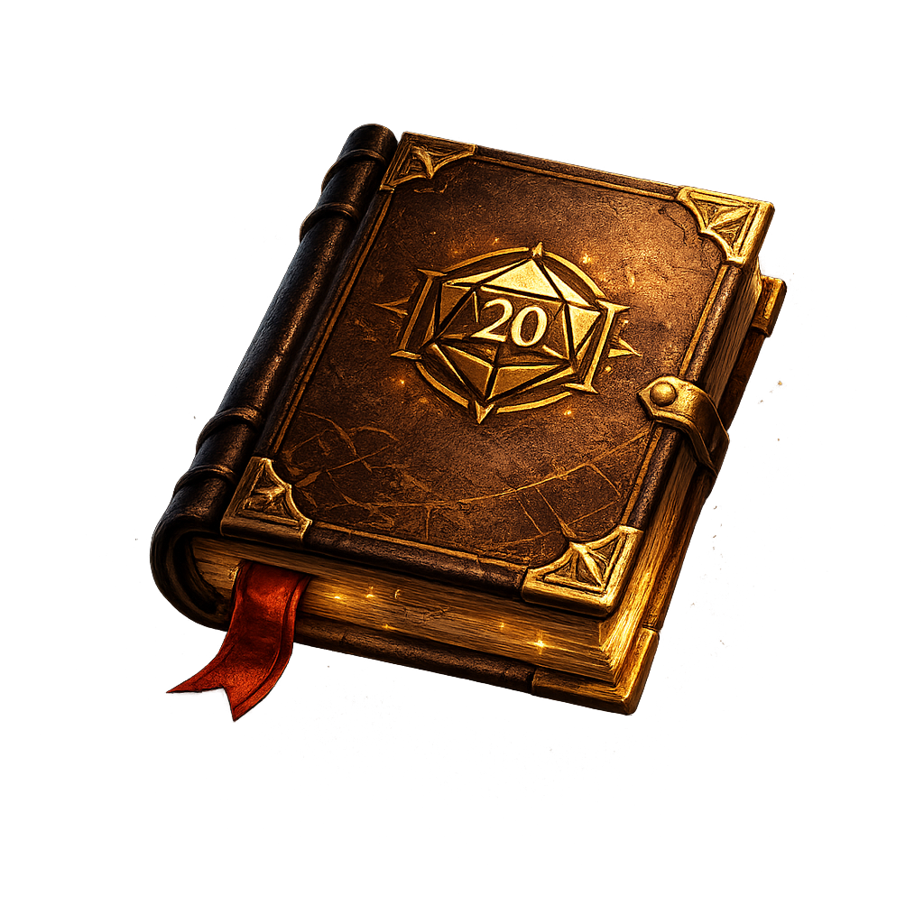 A fantasy-style leather-bound book with gold accents and a red bookmark, featuring a 20-sided die with the number 20 on its face on the cover.
