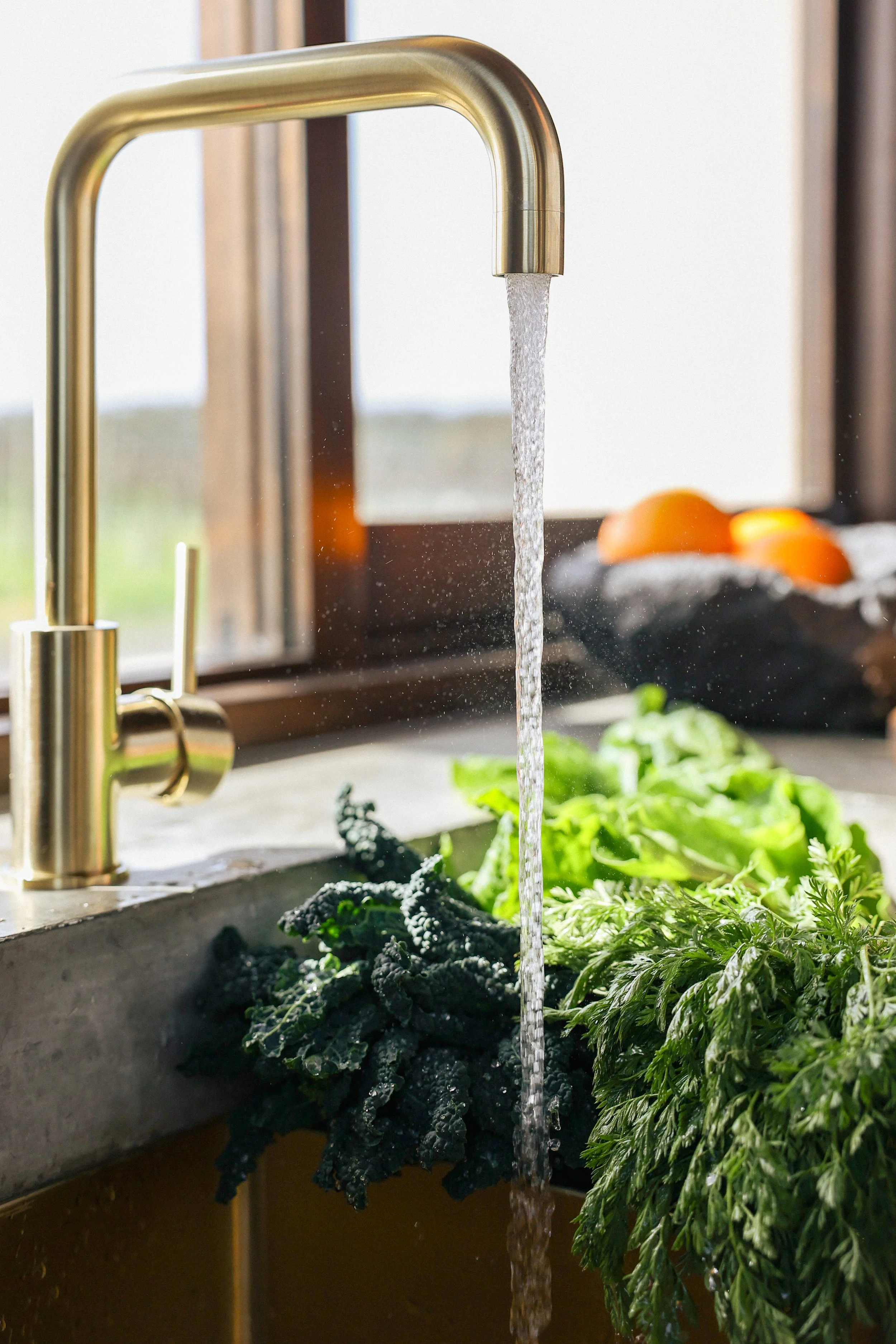 Water running from a brass kitchen faucet onto fresh leafy greens in a sink, with a window and some oranges in the background.