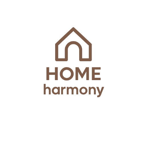 Logo with a house outline and the words 'HOME' and 'harmony' below it on a black background.
